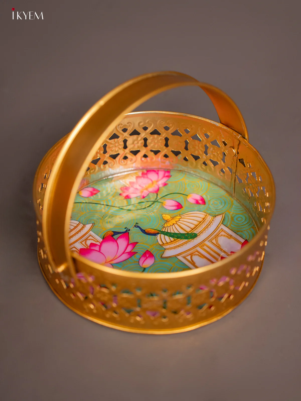 Palace & Peacock Printed Round Metal tray with handle - Teal 6 Inches - KI07183