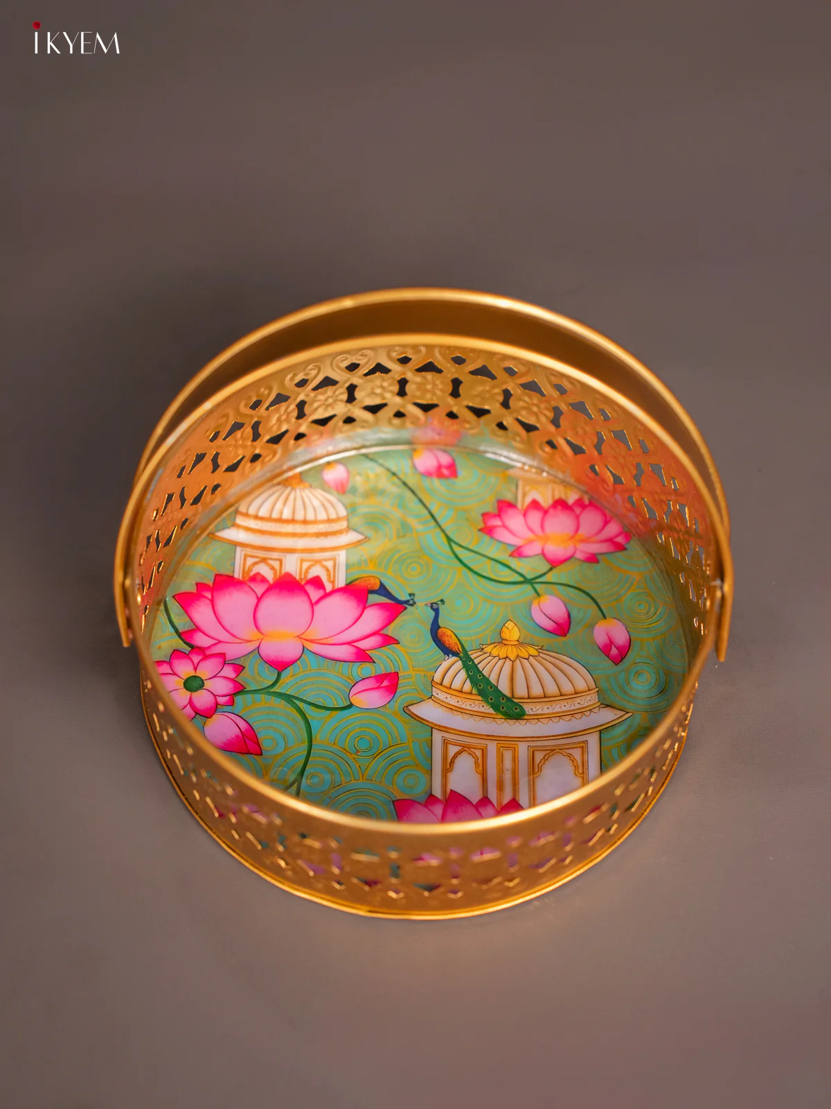 Palace & Peacock Printed Round Metal tray with handle - Teal 6 Inches - KI07183 - Image 4