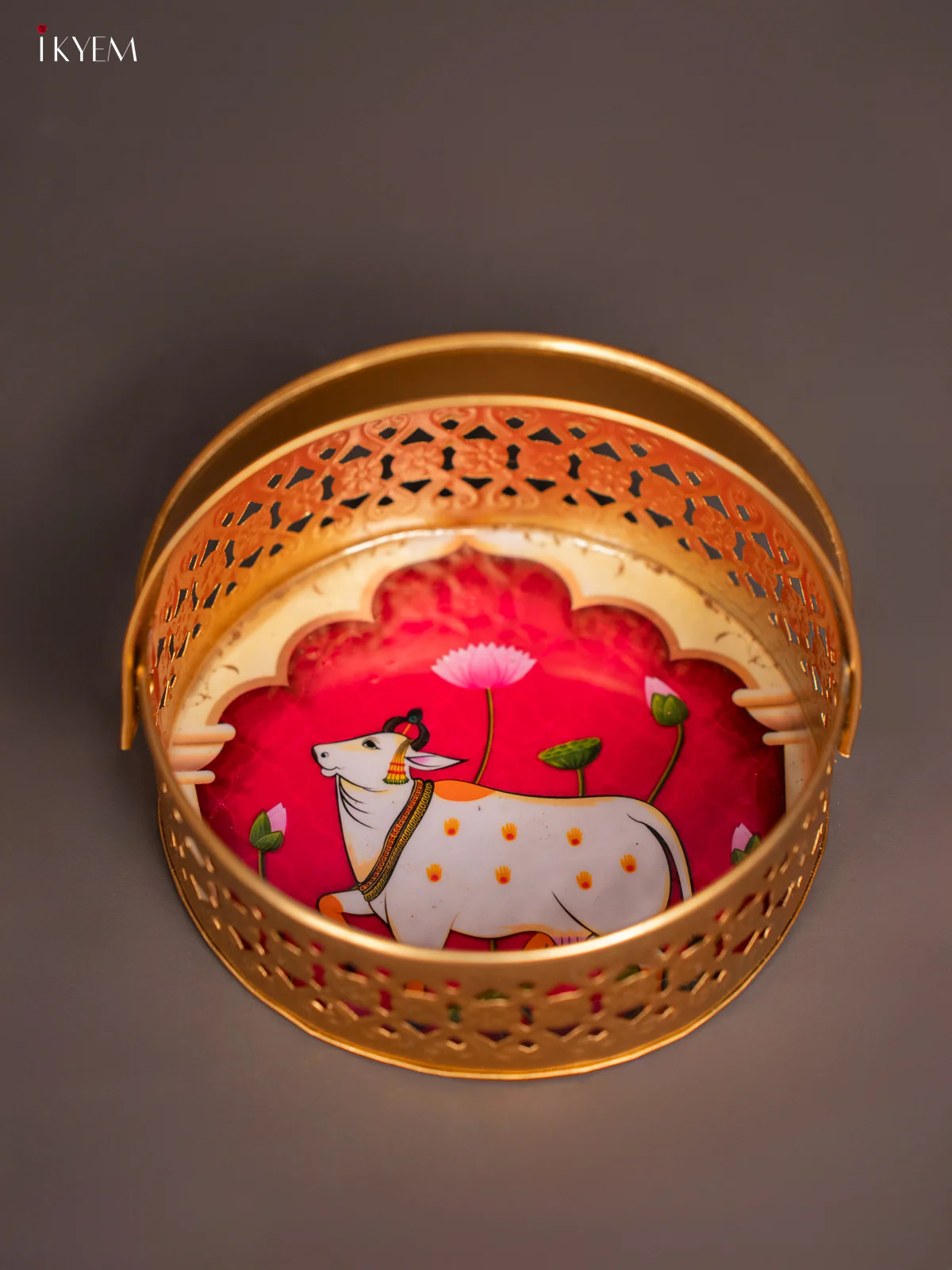 Cow Printed Round Metal tray with handle - Pink 6 Inches - KI07184 - Image 2