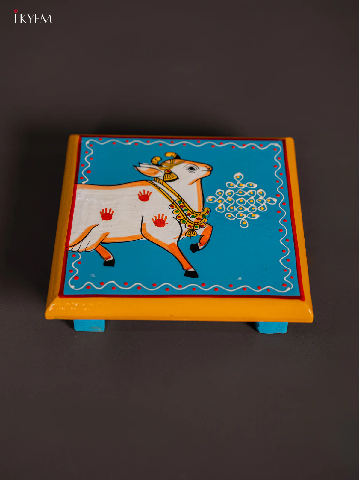 Cow Hand-Painted Wooden Chowki - Sky Blue - (6x6) Inches - KI10113 - Image 2