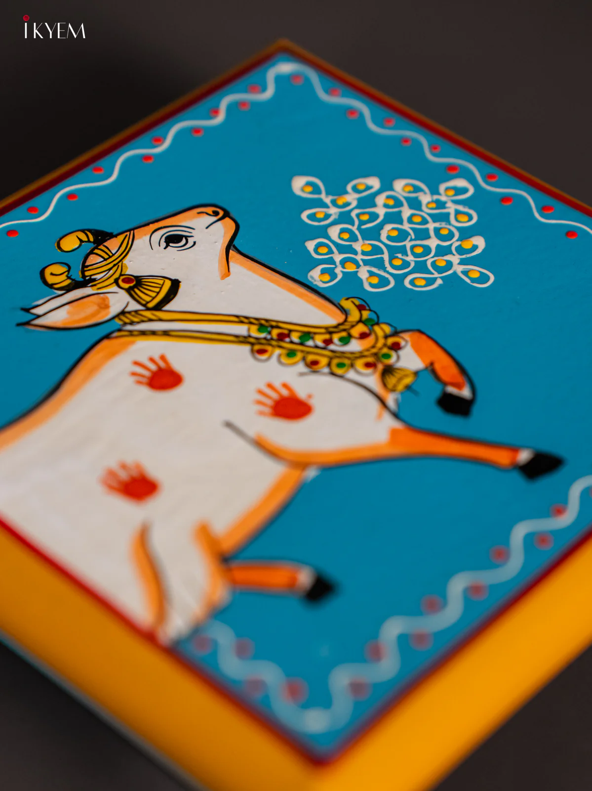 Cow Hand-Painted Wooden Chowki - Sky Blue - (6x6) Inches - KI10113 - Image 3