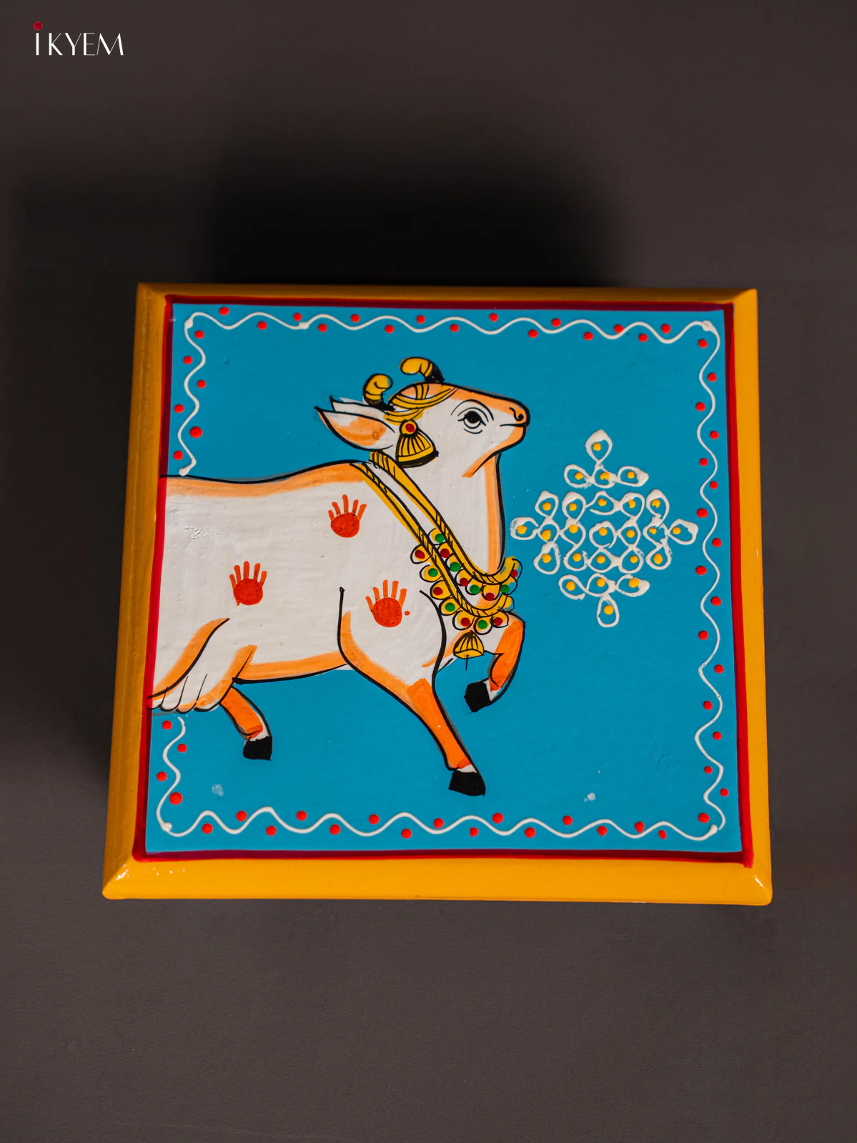 Cow Hand-Painted Wooden Chowki - Sky Blue - (6x6) Inches - KI10113 - Image 4