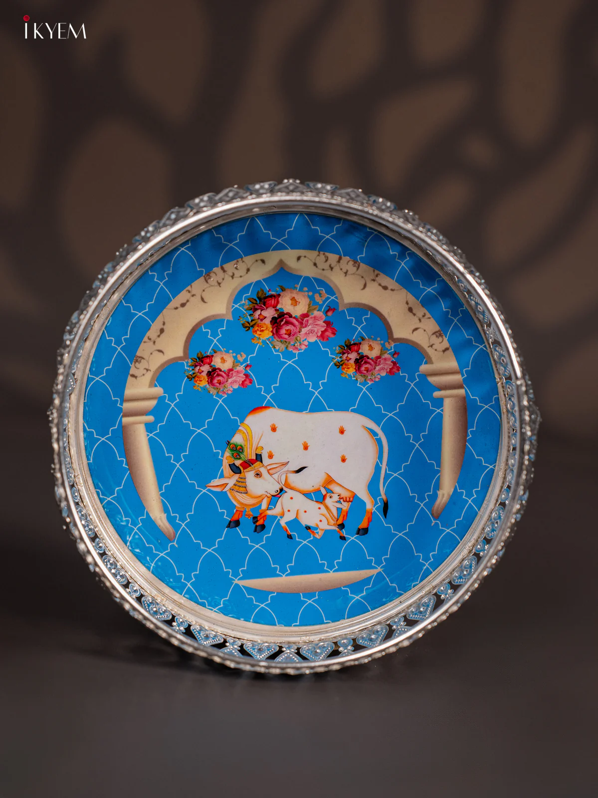 Digital Printed German Silver Tray - Cow & calf Sky Blue - 6 Inches - KI10118