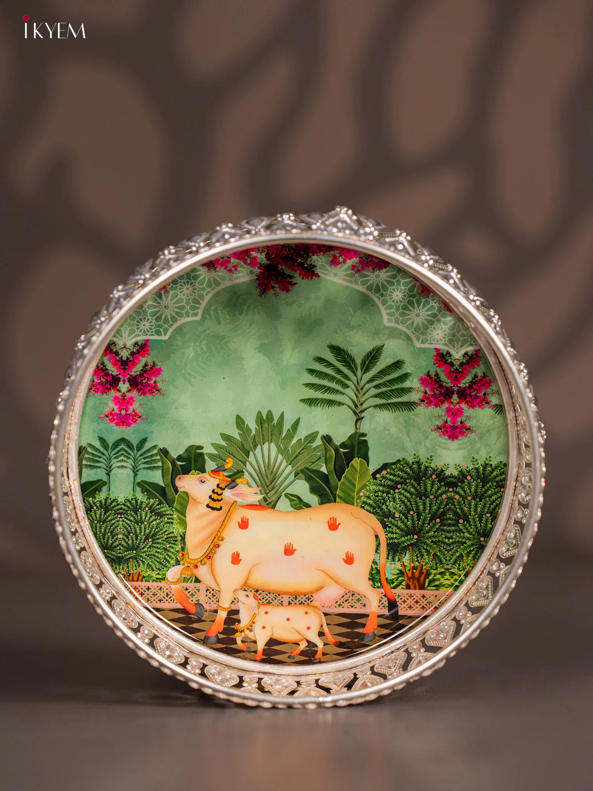 Digital Printed German Silver Tray - Cow & calf Green - 6 Inches - KI10119
