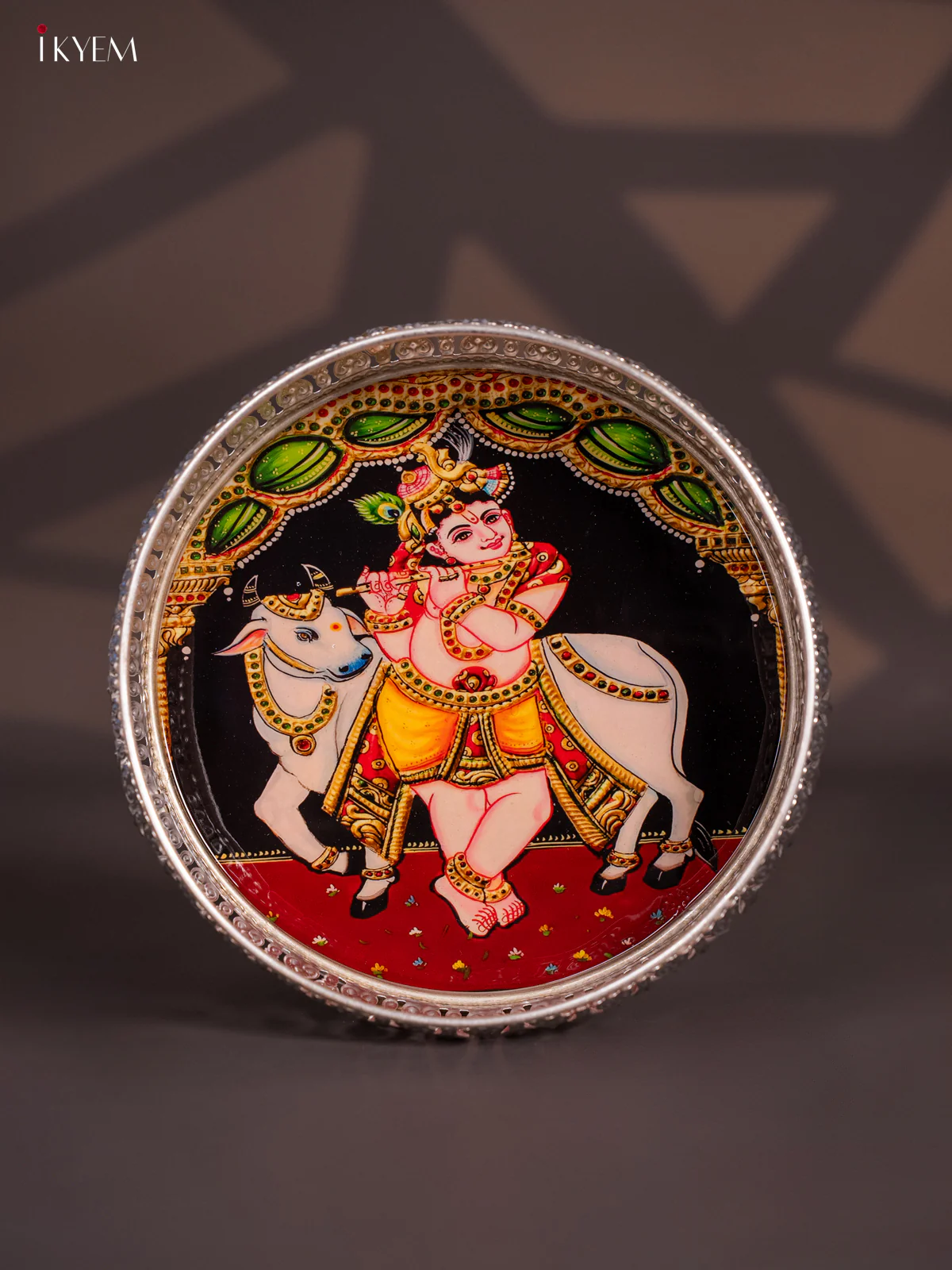 Digital Printed German Silver Tray - Krishna Cow - 8 Inches - KI12134