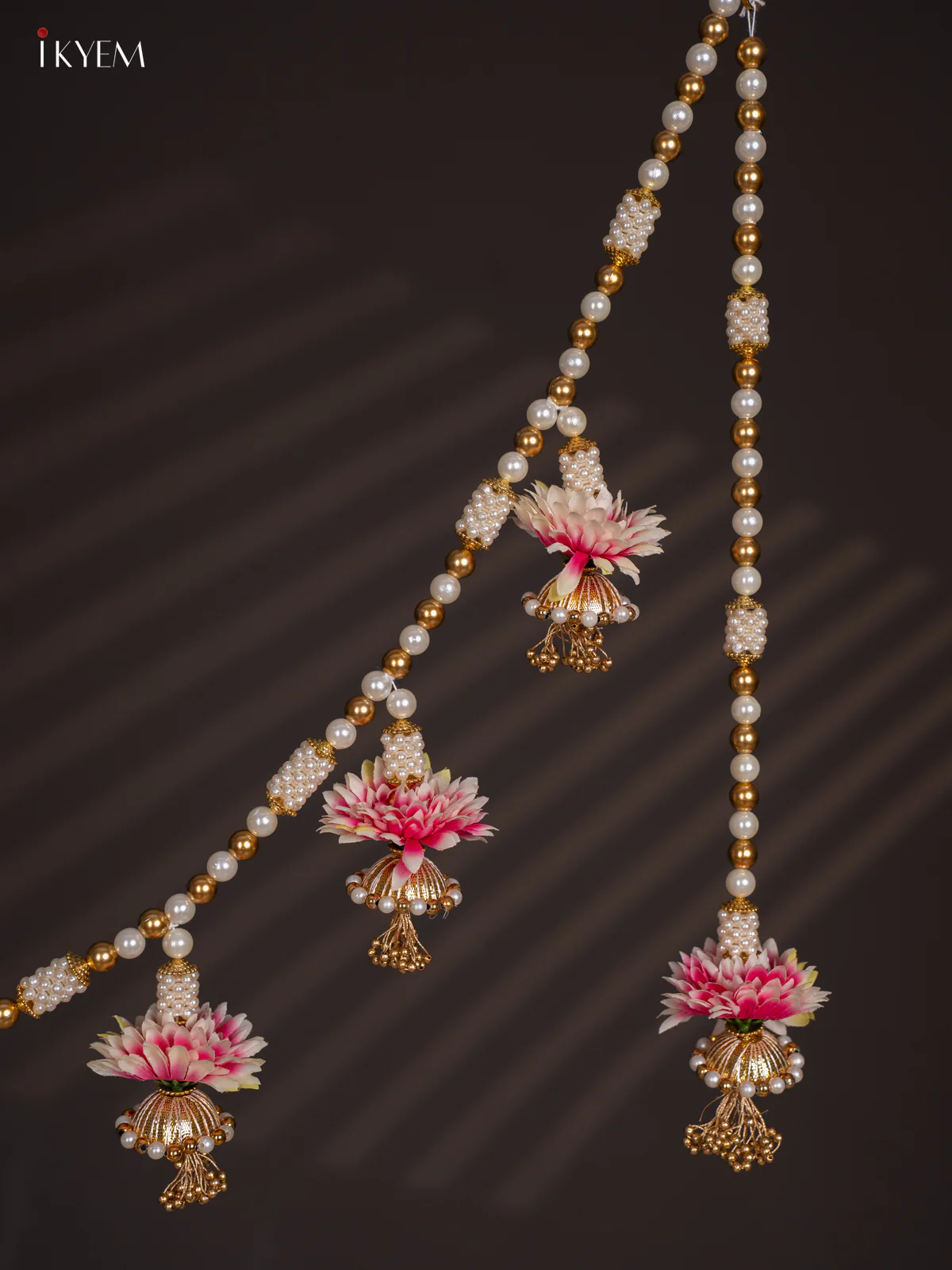 Decorative Pink Flower & Bead Thoran set - 4 Inches - KI14114 - Image 2