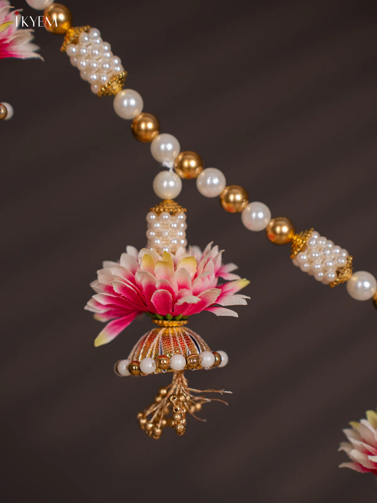 Decorative Pink Flower & Bead Thoran set - 4 Inches - KI14114 - Image 4