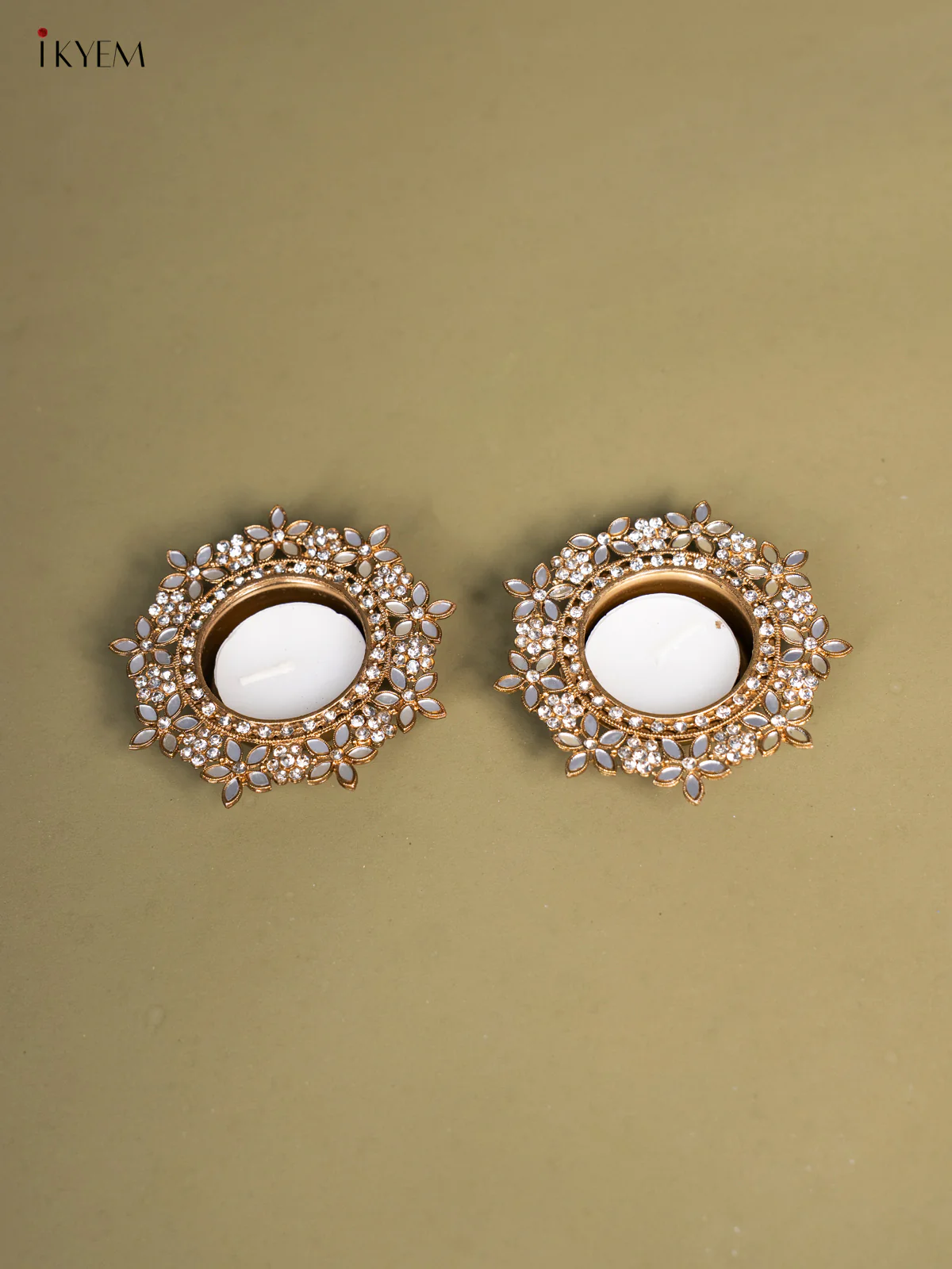 Flower Candle Holder with Mirror work set of 2 - KI14134