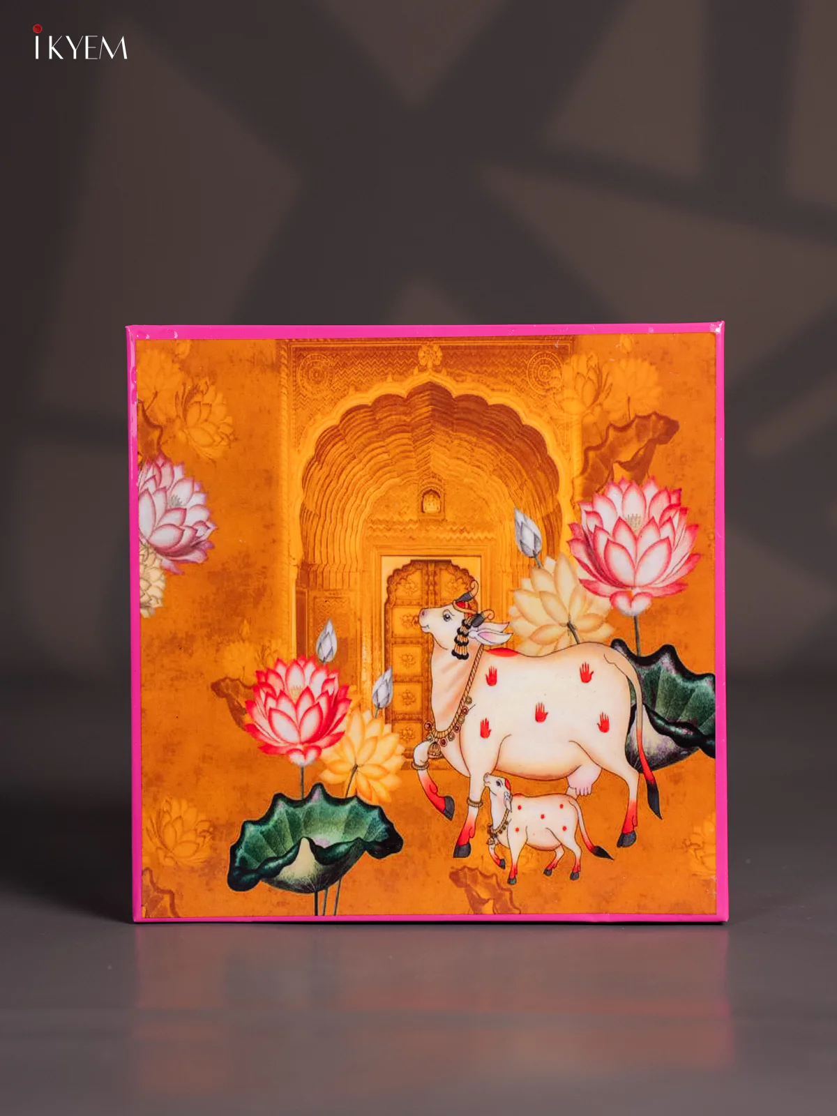 Metal Cow & Calf Printed Square Storage Box - Big - Pink with Orange - (8x8) Inches - KI15151