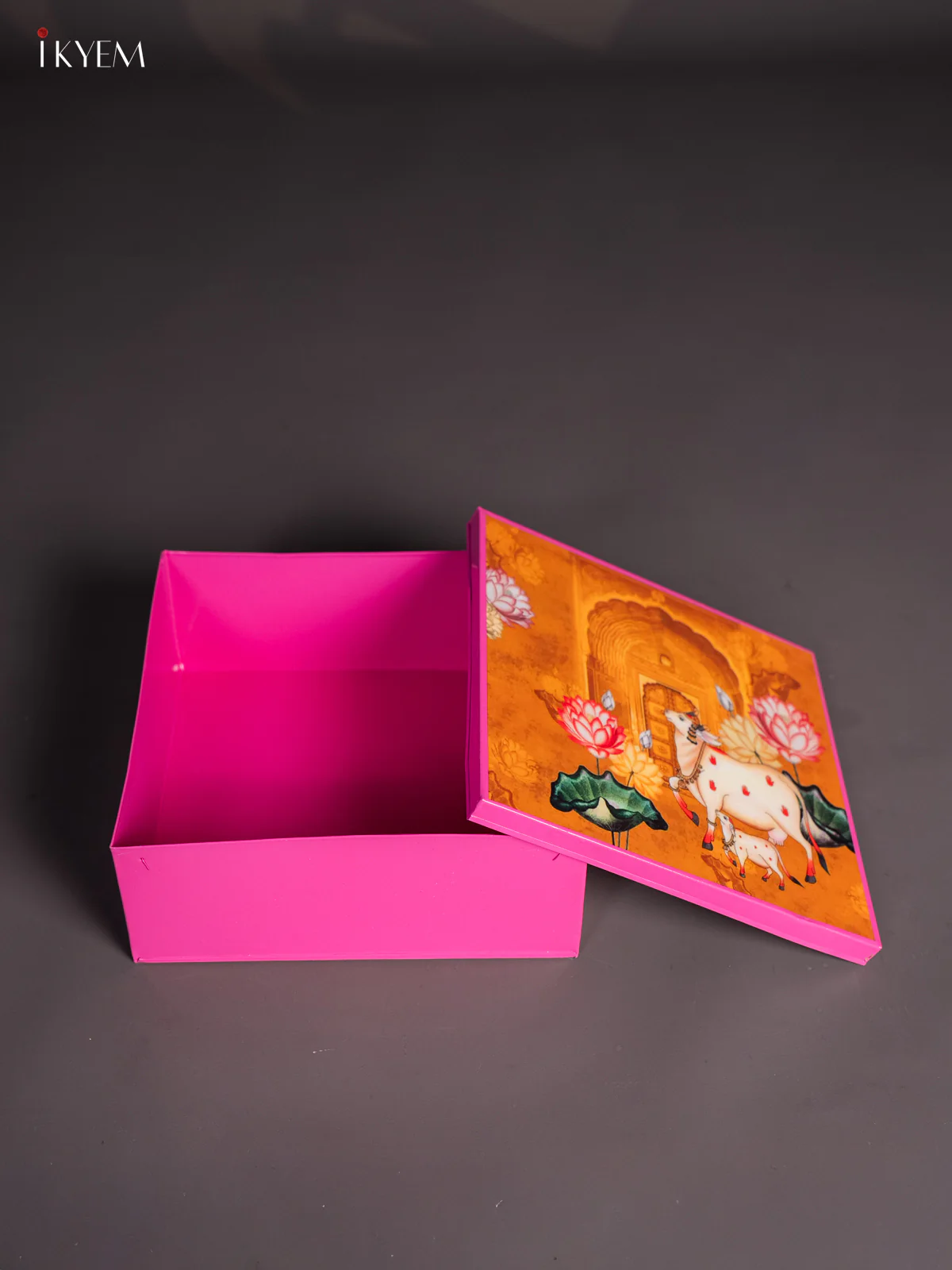 Metal Cow & Calf Printed Square Storage Box - Big - Pink with Orange - (8x8) Inches - KI15151 - Image 2