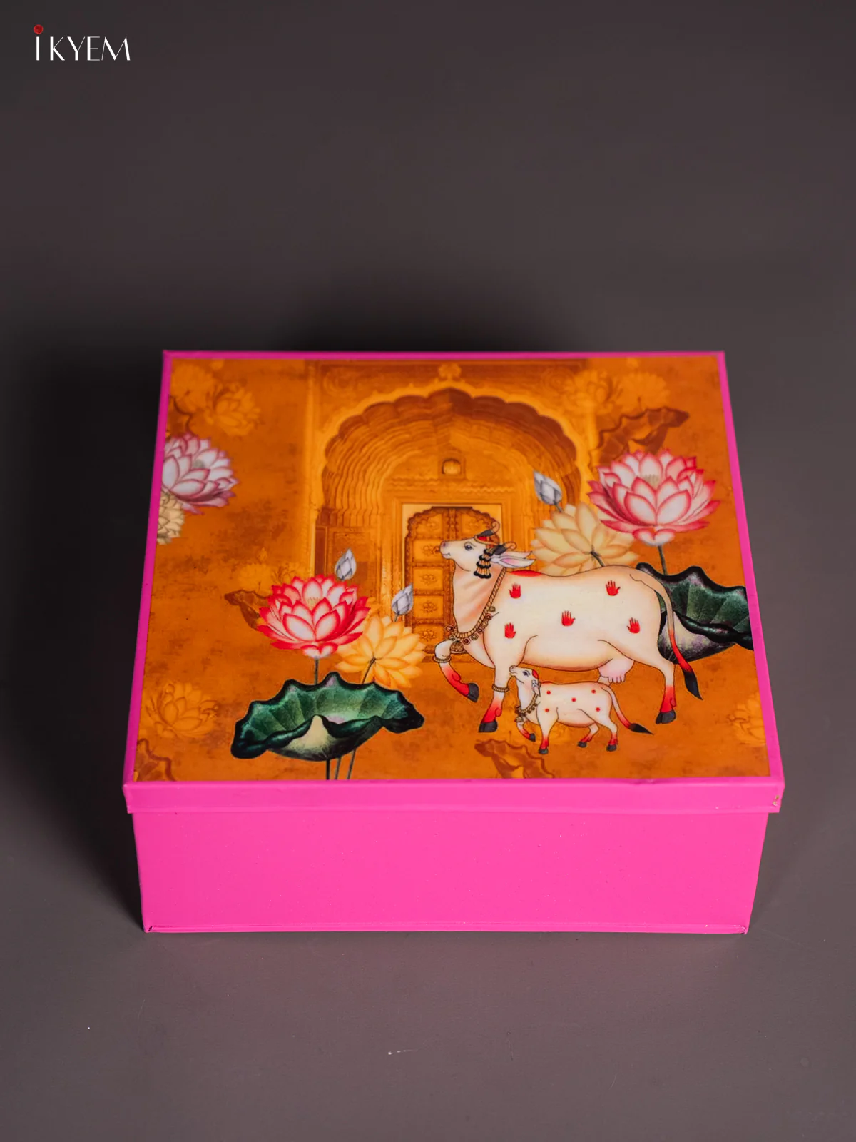Metal Cow & Calf Printed Square Storage Box - Big - Pink with Orange - (8x8) Inches - KI15151 - Image 3