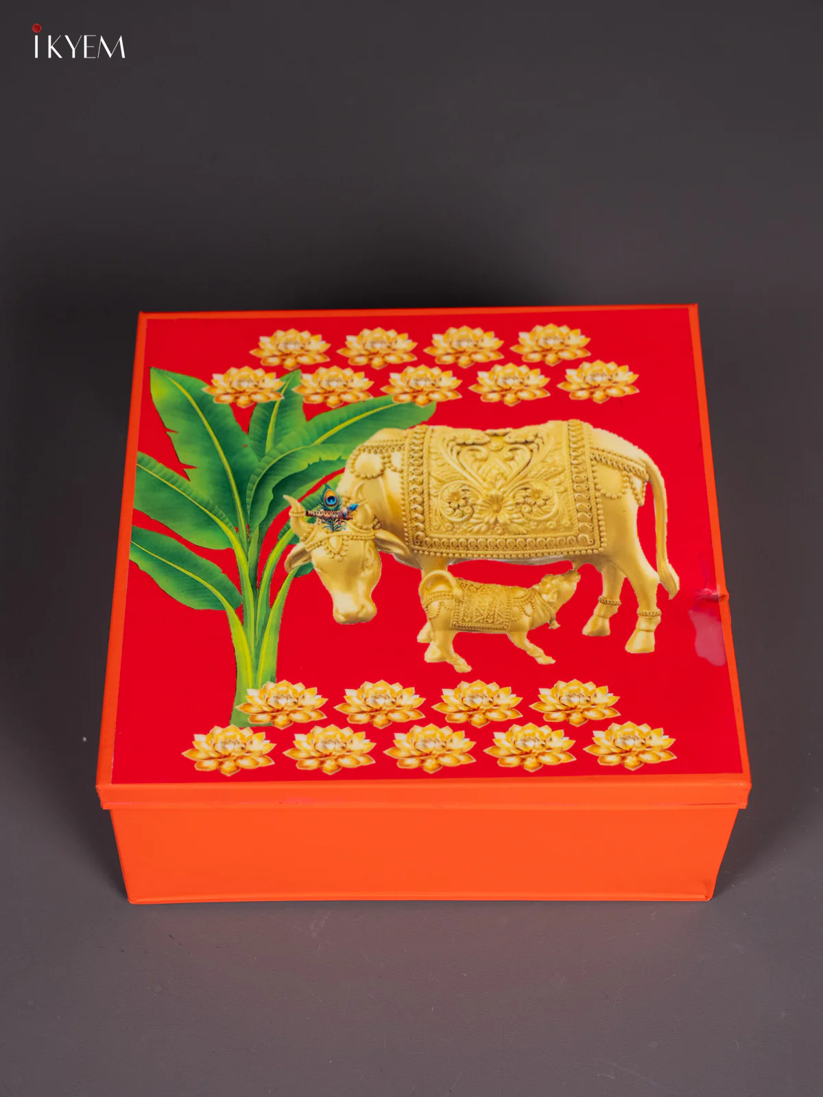 Metal Cow & Calf Printed Square Storage Box - Big - Orange with Red - (8x8) Inches - KI15158 - Image 2