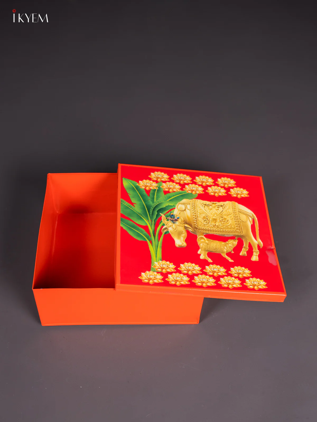 Metal Cow & Calf Printed Square Storage Box - Big - Orange with Red - (8x8) Inches - KI15158 - Image 3