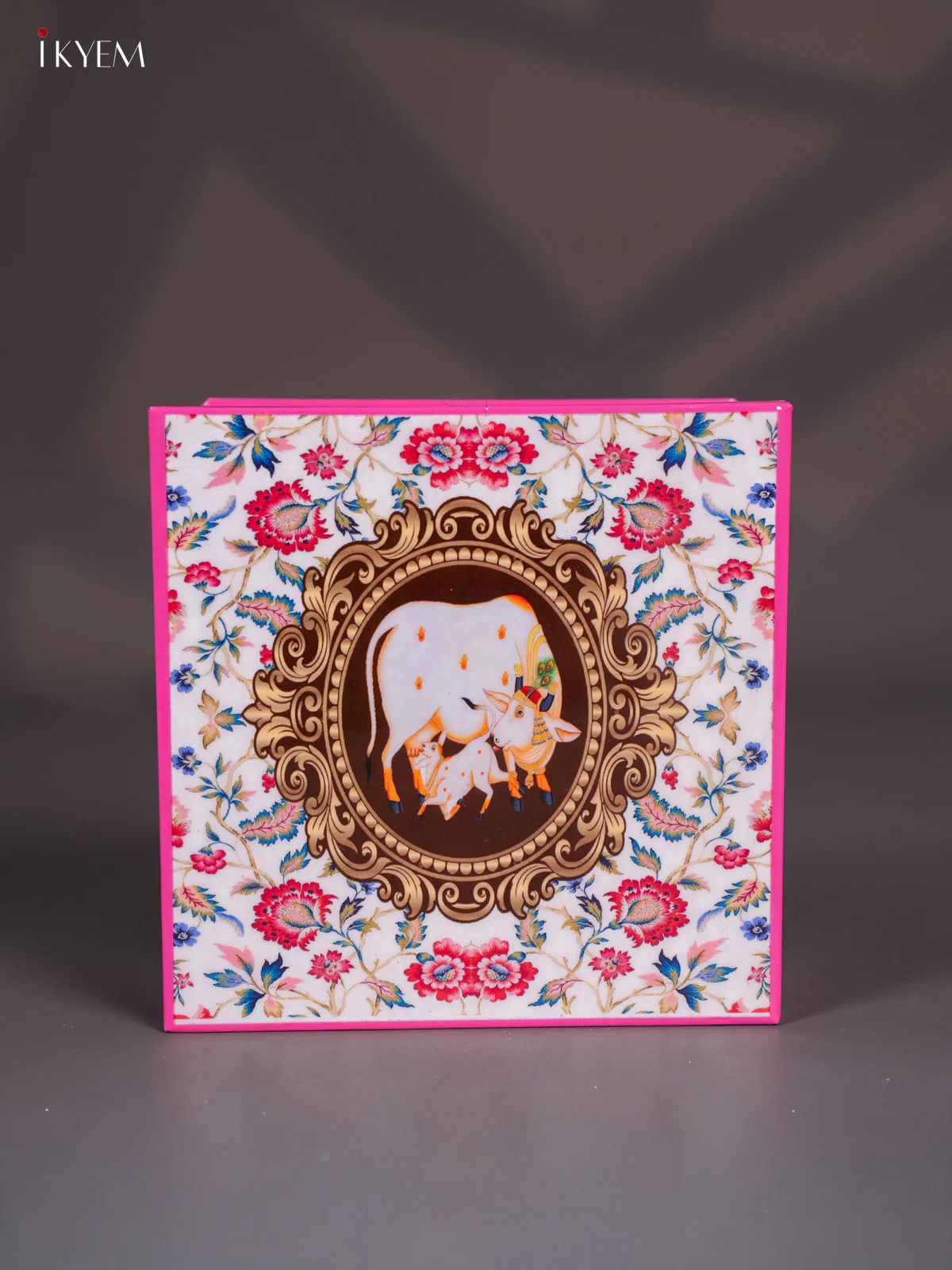 Metal Cow & Calf Printed Square Storage Box - Small -Pink - (6x6) Inches - KI15166