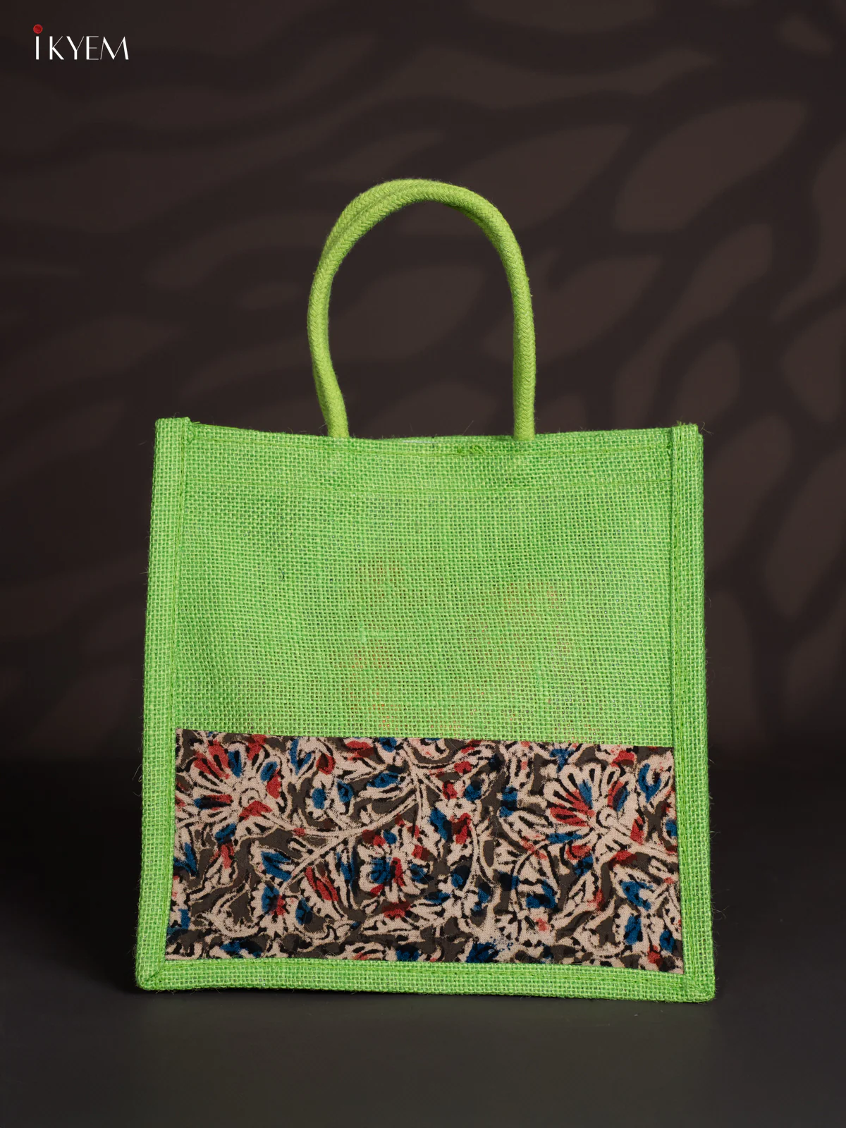 Pretty Green Half & Half Kalamkari Jute Bag with Rope Handles - KI15171