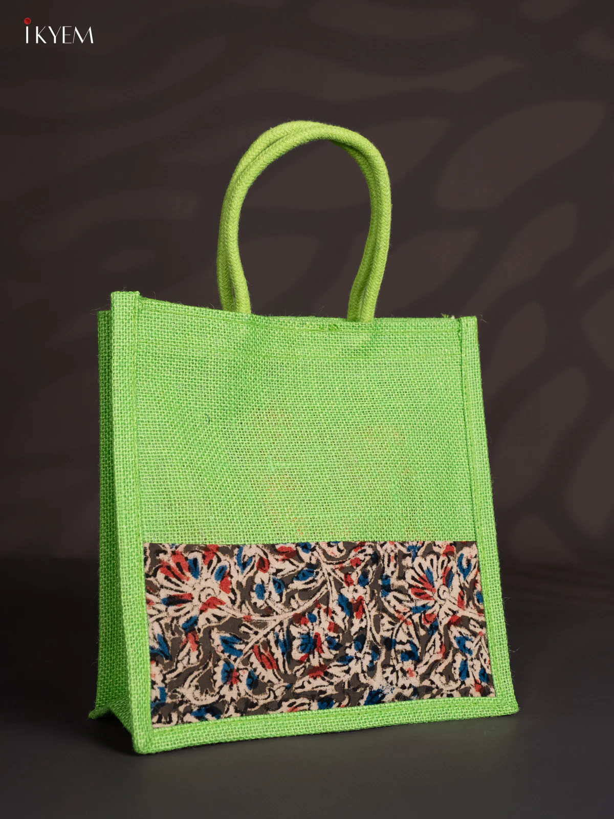 Pretty Green Half & Half Kalamkari Jute Bag with Rope Handles - KI15171 - Image 2