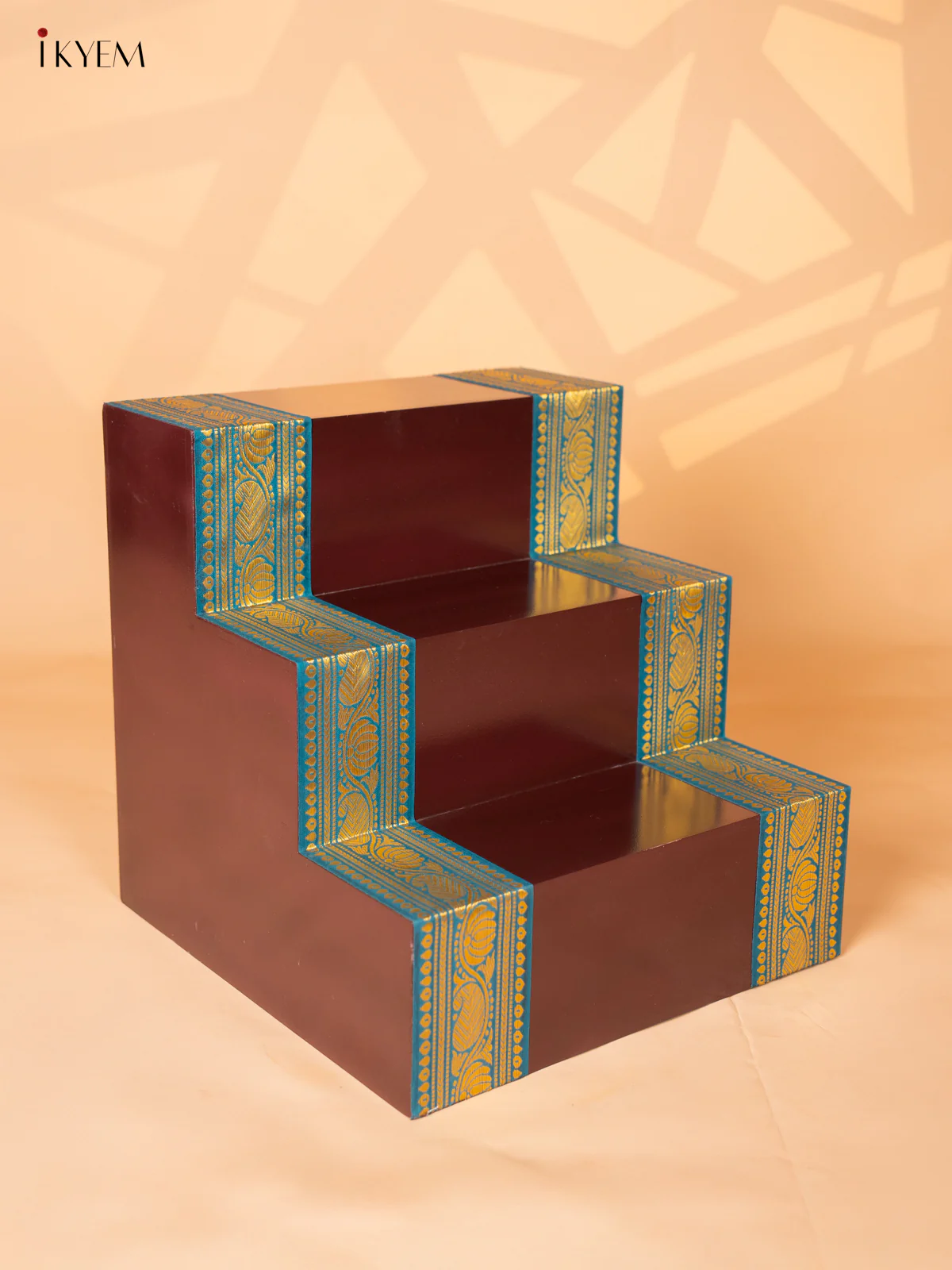 Wooden Hand painted 3-step Golu Padi with Zari Border - Brown - 15 Inches - KI19122 - Image 2