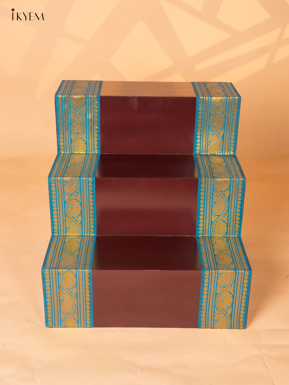 Wooden Hand painted 3-step Golu Padi with Zari Border - Brown - 15 Inches - KI19122 - Image 3