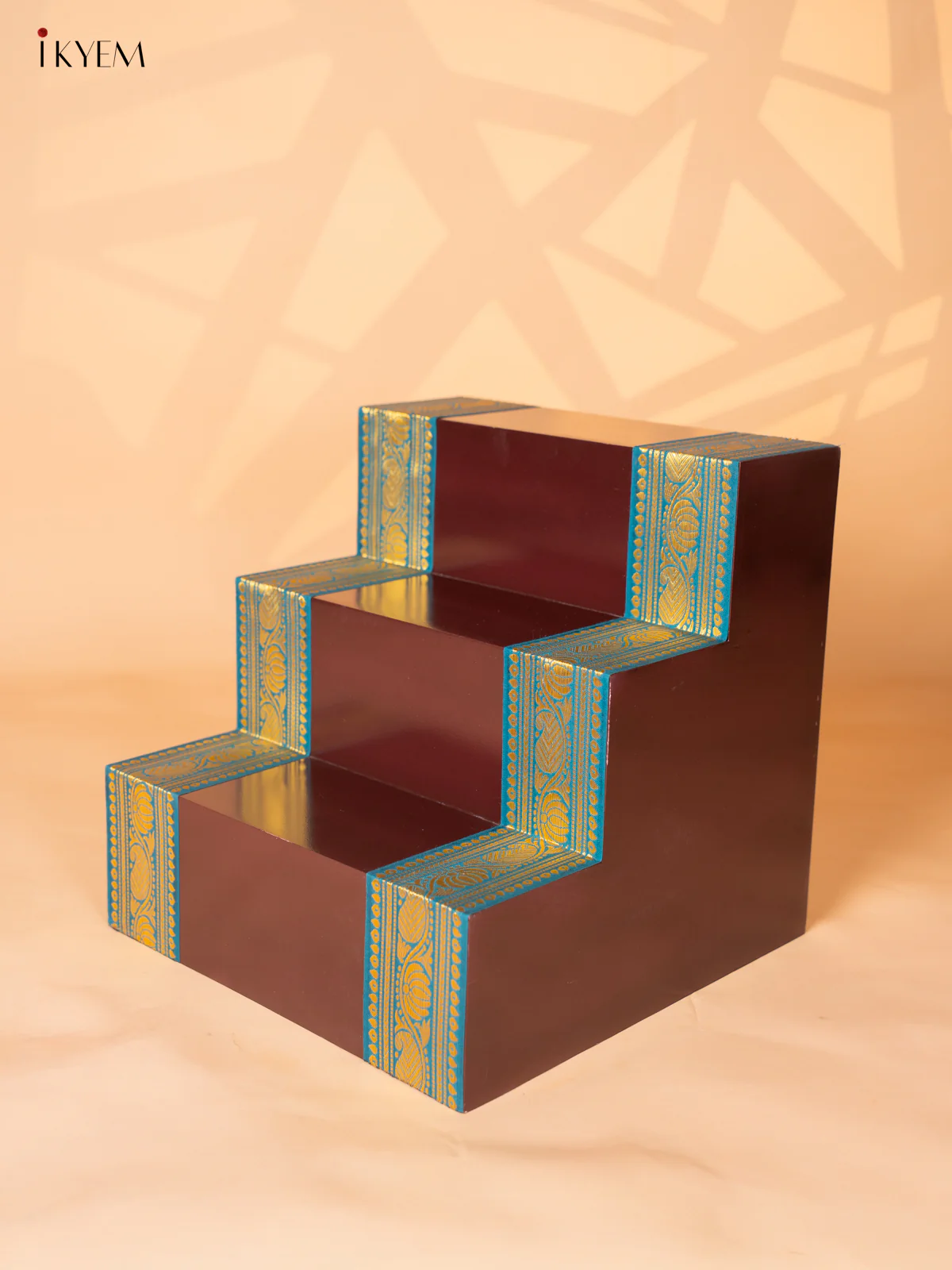 Wooden Hand painted 3-step Golu Padi with Zari Border - Brown - 15 Inches - KI19122 - Image 5