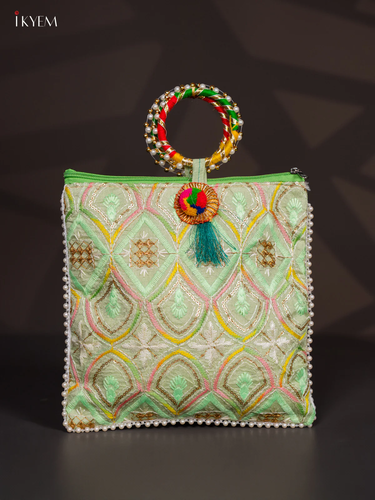 Embroidered Bag with Bangle Handle - Green - KI24114