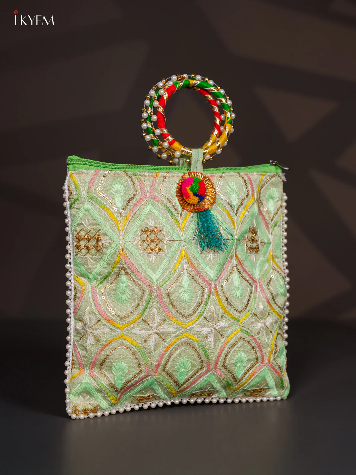 Embroidered Bag with Bangle Handle - Green - KI24114 - Image 2