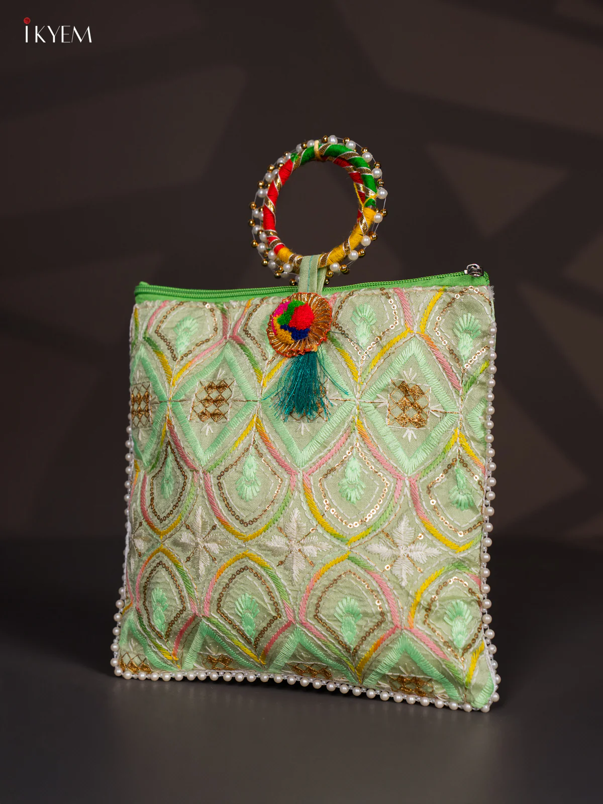 Embroidered Bag with Bangle Handle - Green - KI24114 - Image 3