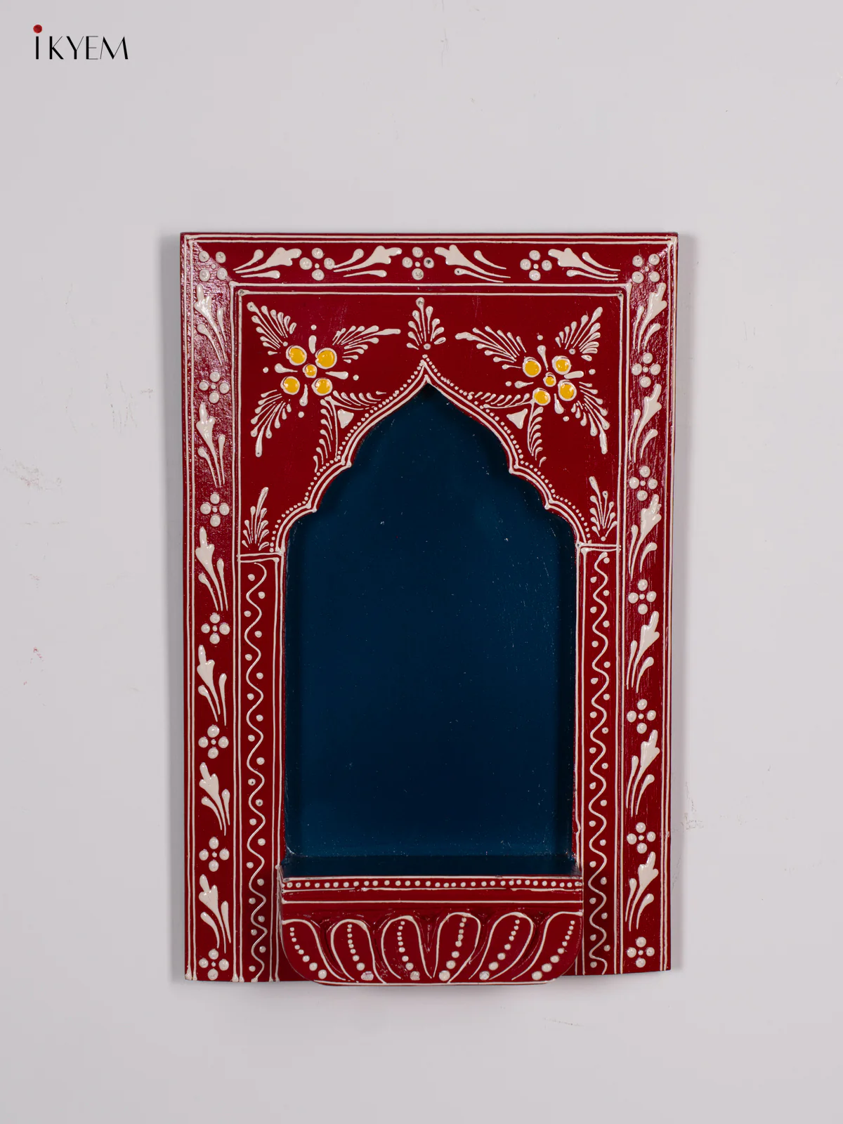 Wooden Hand Painted Wall Frame/Diya stand - Red with navy blue- 12 Inches - KI24144