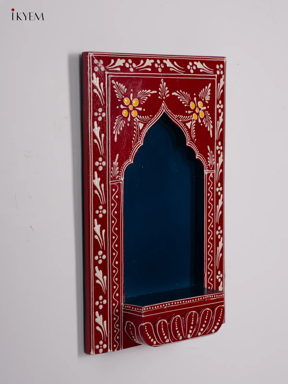 Wooden Hand Painted Wall Frame/Diya stand - Red with navy blue- 12 Inches - KI24144 - Image 5