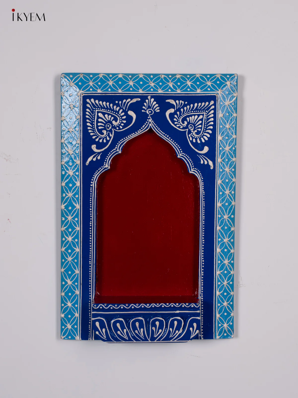 Wooden Hand Painted Wall Frame/Diya stand - Red with Sky blue - 12 Inches - KI24146