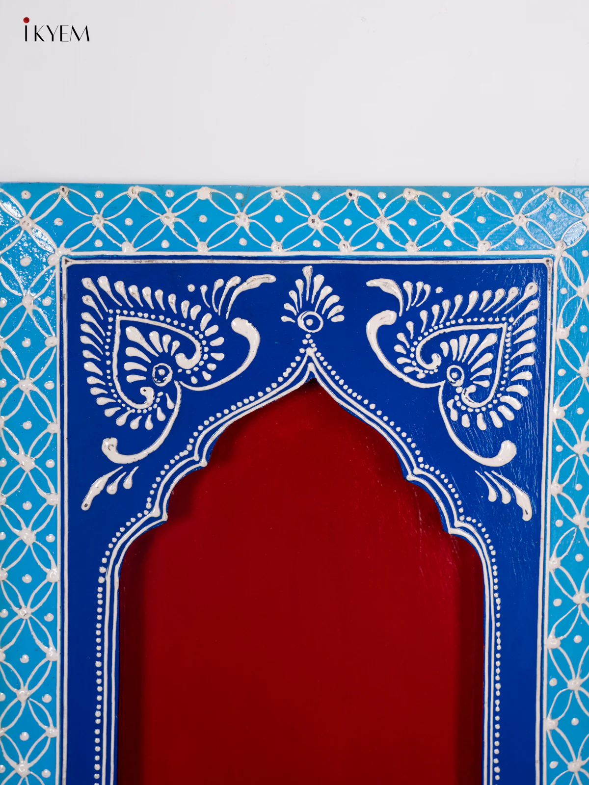Wooden Hand Painted Wall Frame/Diya stand - Red with Sky blue - 12 Inches - KI24146 - Image 3