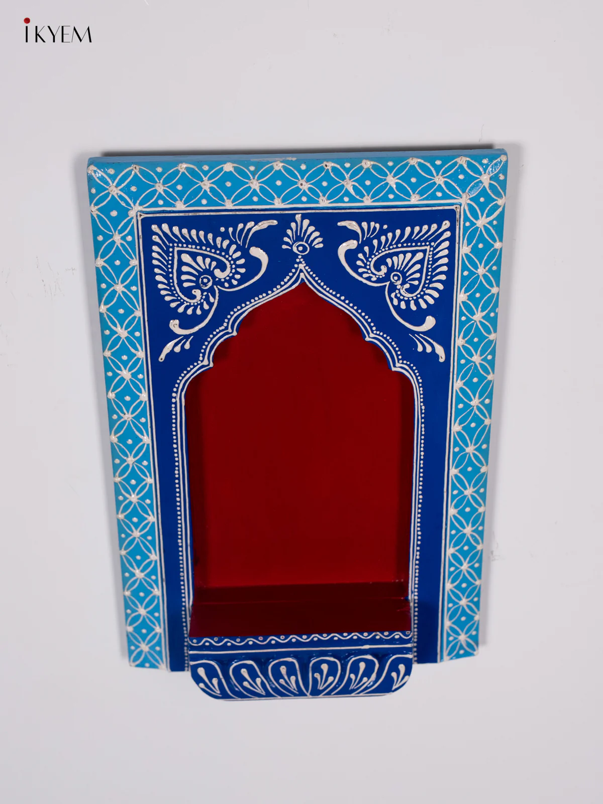 Wooden Hand Painted Wall Frame/Diya stand - Red with Sky blue - 12 Inches - KI24146 - Image 5