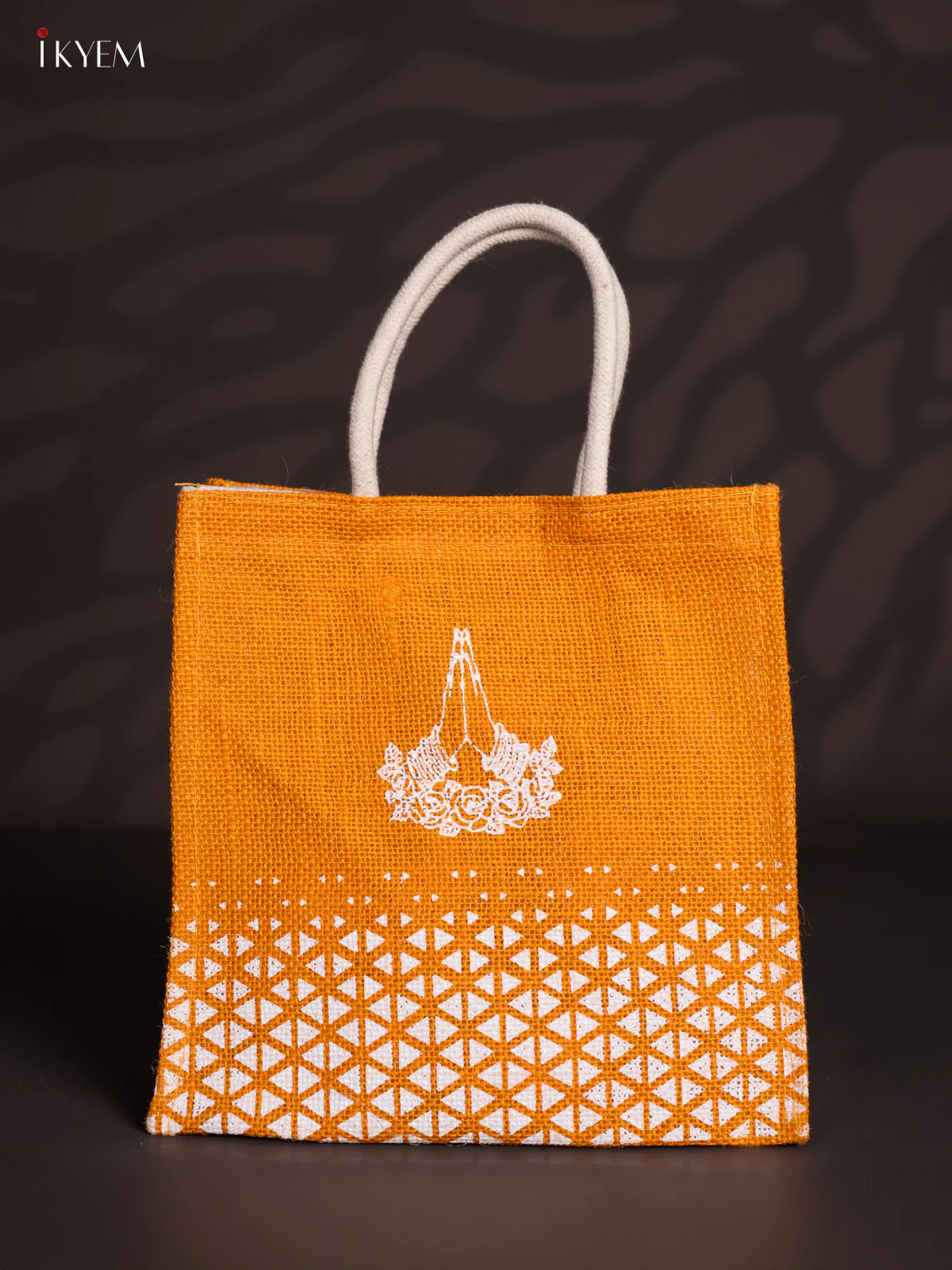 Elegant Namaste Printed Yellow Jute Bag - 10 Inch - KI30118