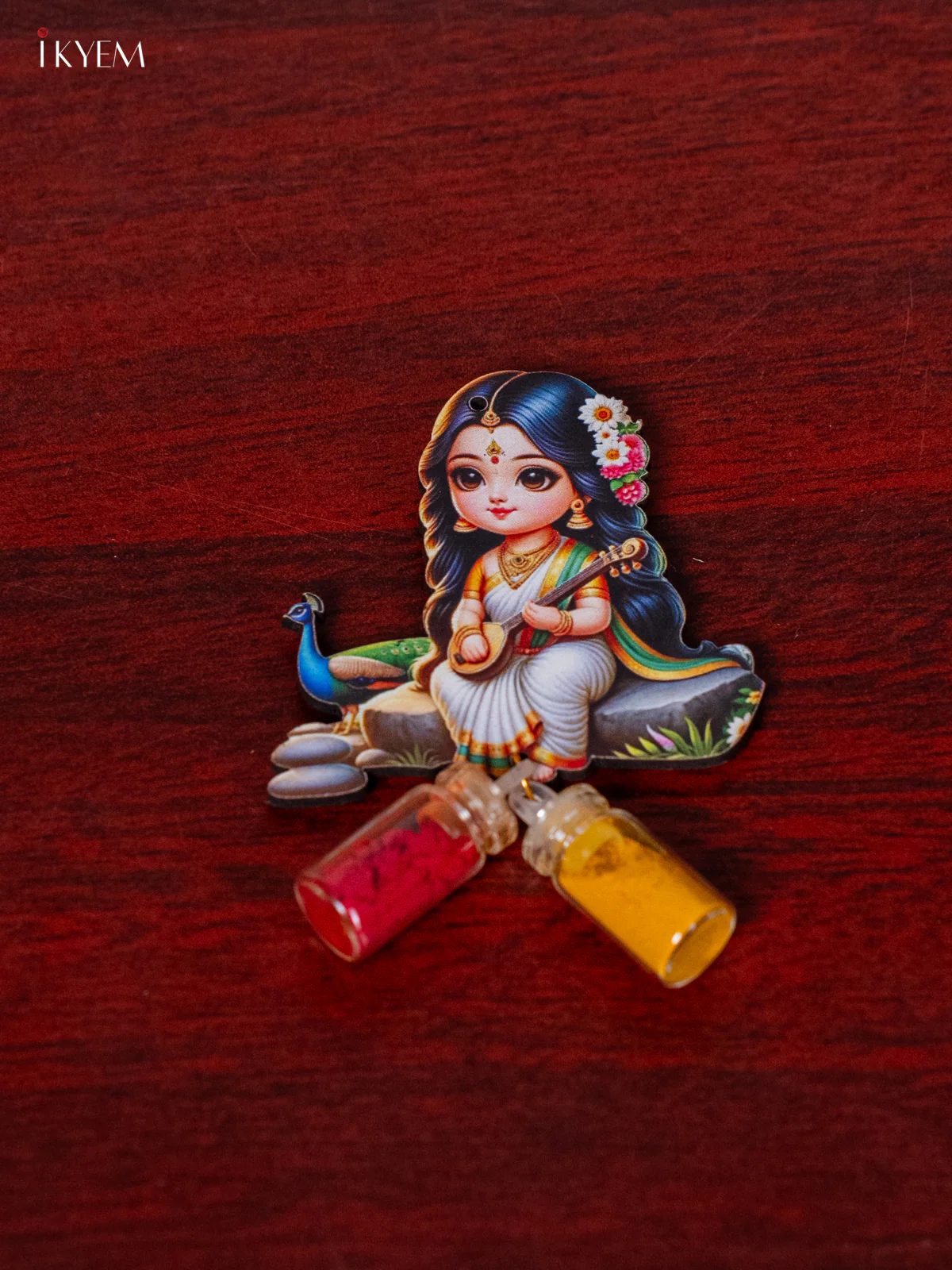 Saraswathi & Peacock fridge magnet with Haldi & Kumkum Bottle - 3 Inch - KJ06112