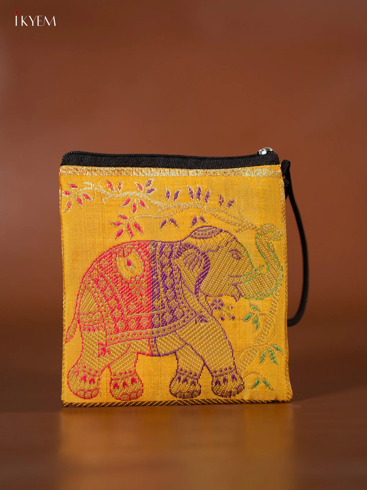 Elephant designed Banarasi Coin Pouch - Yellow - 5 Inch - KJ06133