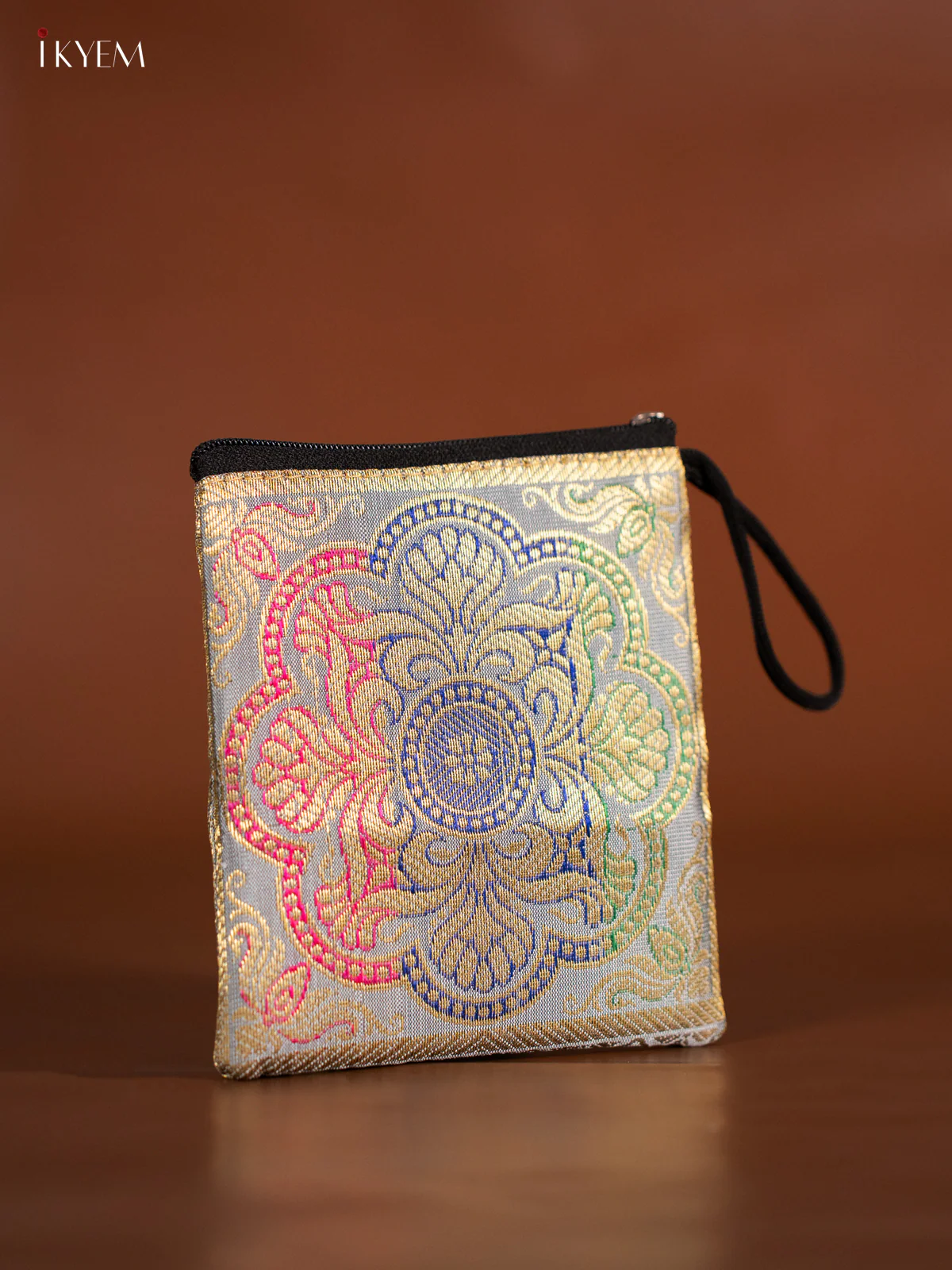 Rangoli designed Banarasi Coin Pouch - Grey - KJ06146 - Image 2