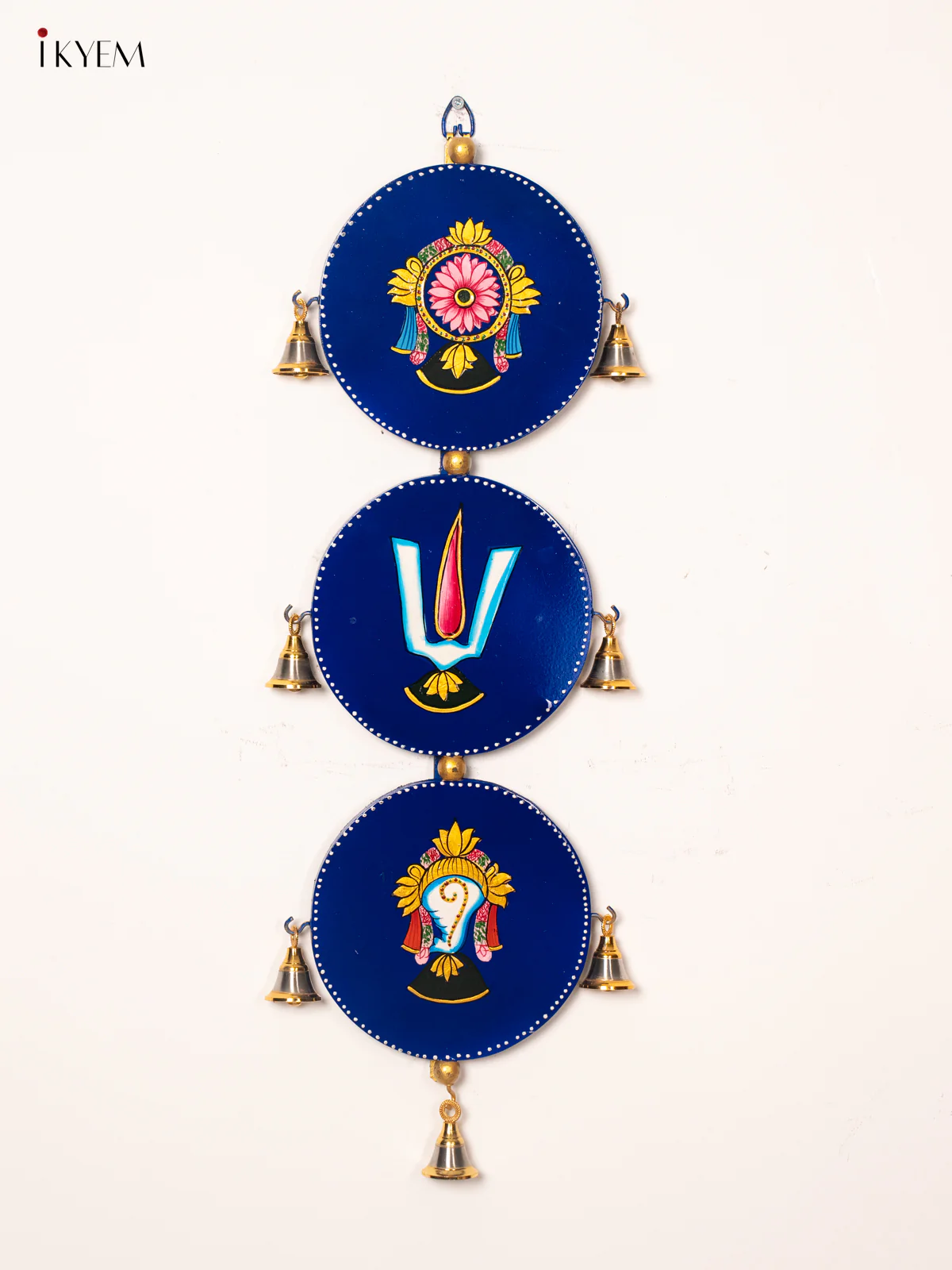 Blue Hand-Painted Wooden Sangu Chakram Namam Wall Hanging – 24 Inches - KJ06178