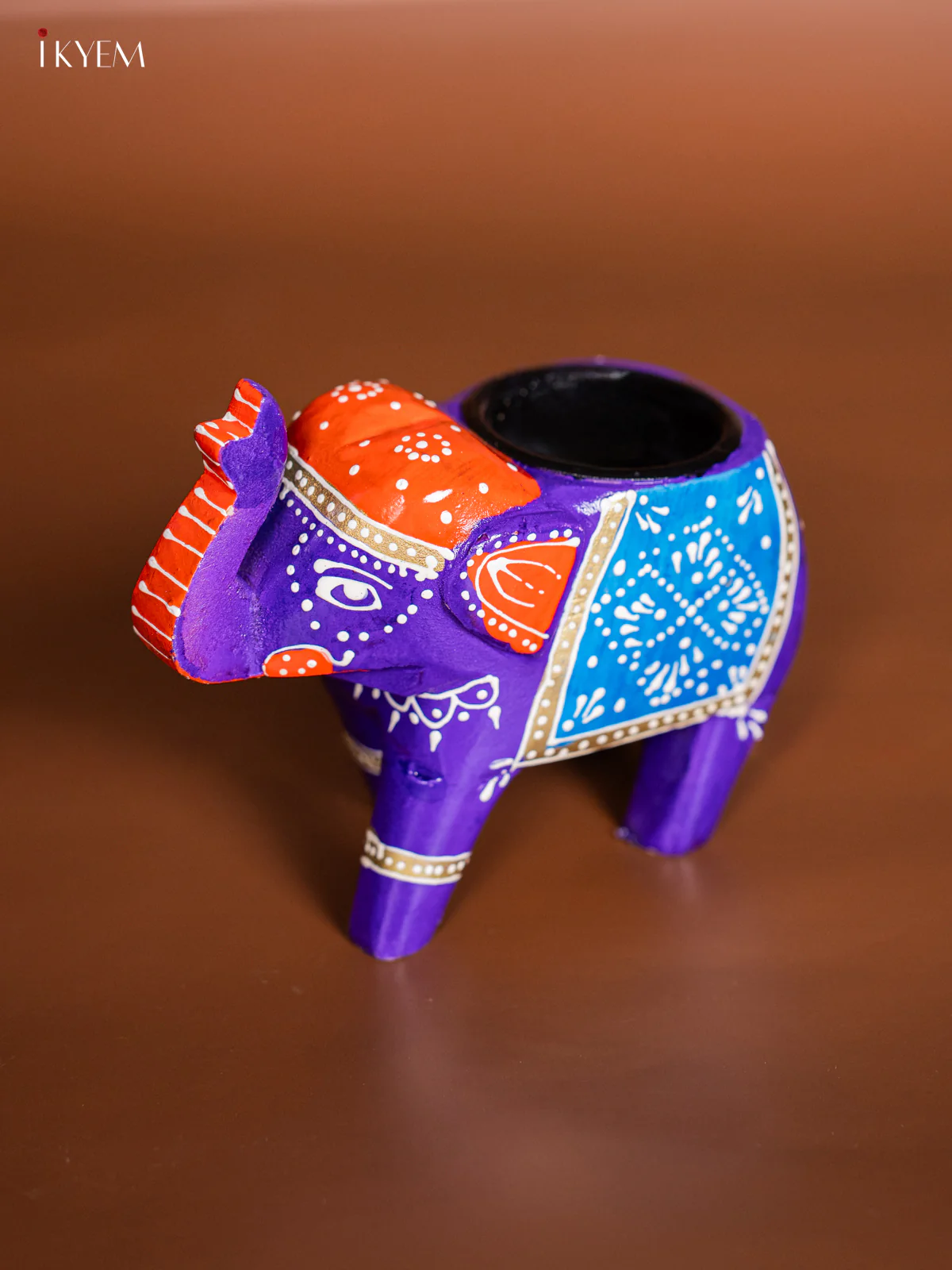 Hand-painted Wooden T- Light Elephant - Violet - 4 Inch - KJ06180