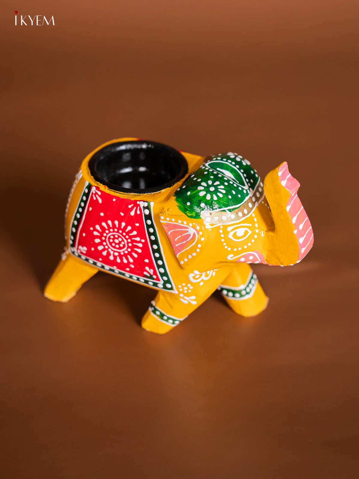 Hand-painted Wooden T- Light Elephant - Yellow - 4 Inch -  KJ06182 - Image 3