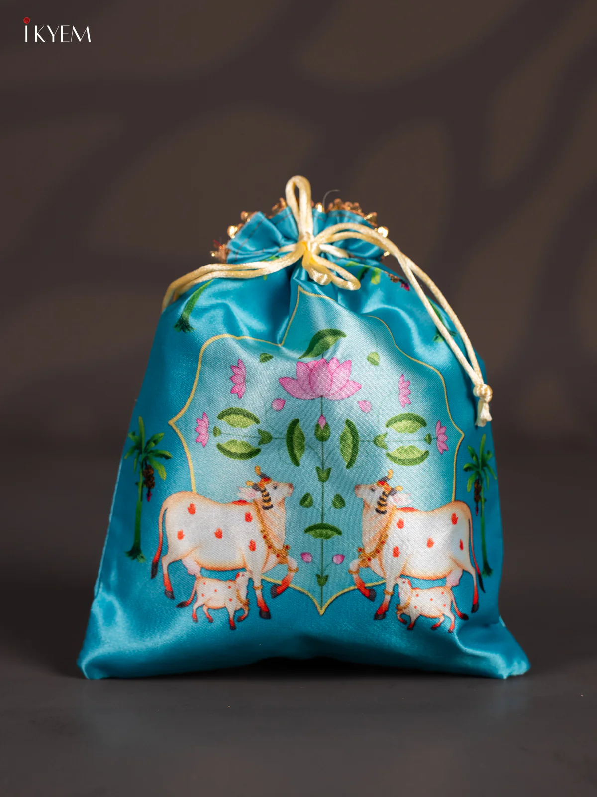 Dual Cow & Calf Potli Bag - Blue - 9 Inch - KJ11116