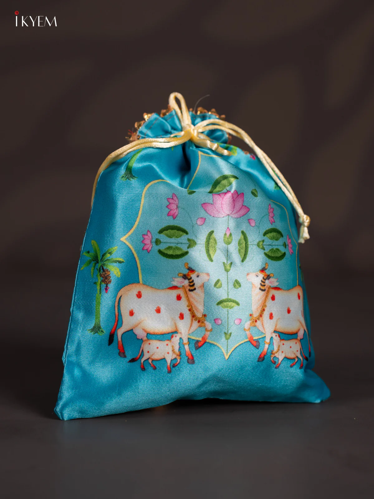 Dual Cow & Calf Potli Bag - Blue - 9 Inch - KJ11116 - Image 2