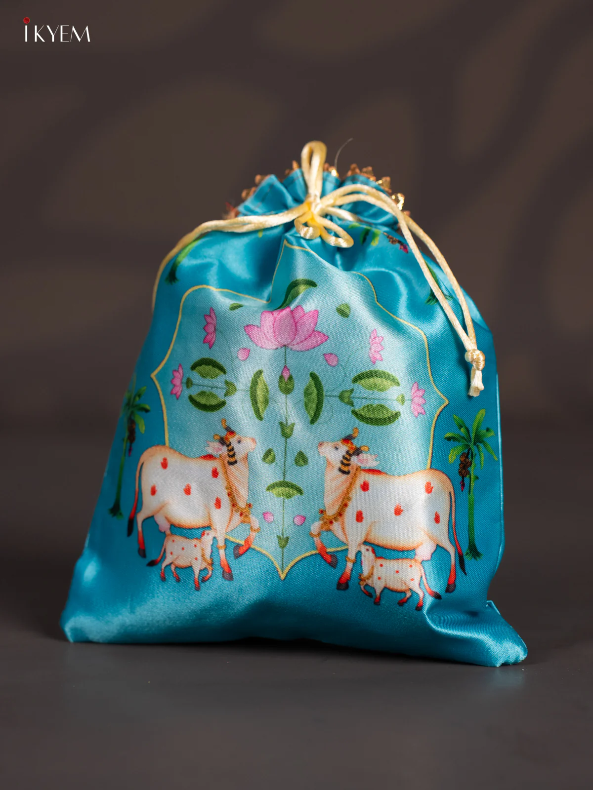 Dual Cow & Calf Potli Bag - Blue - 9 Inch - KJ11116 - Image 3
