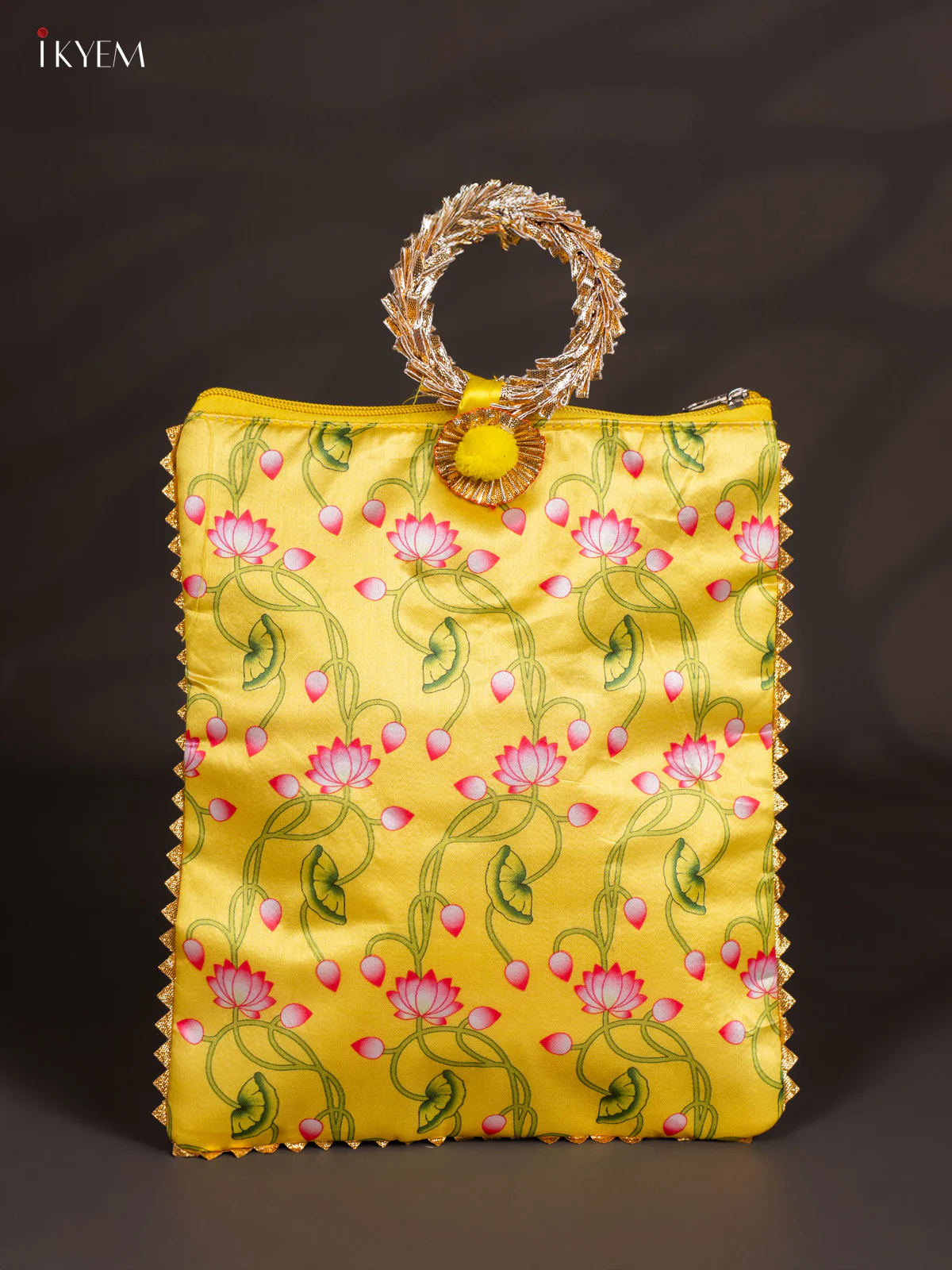 Lotus Printed Bag with Bangle Handle - Yellow - 11 Inch - KJ11121