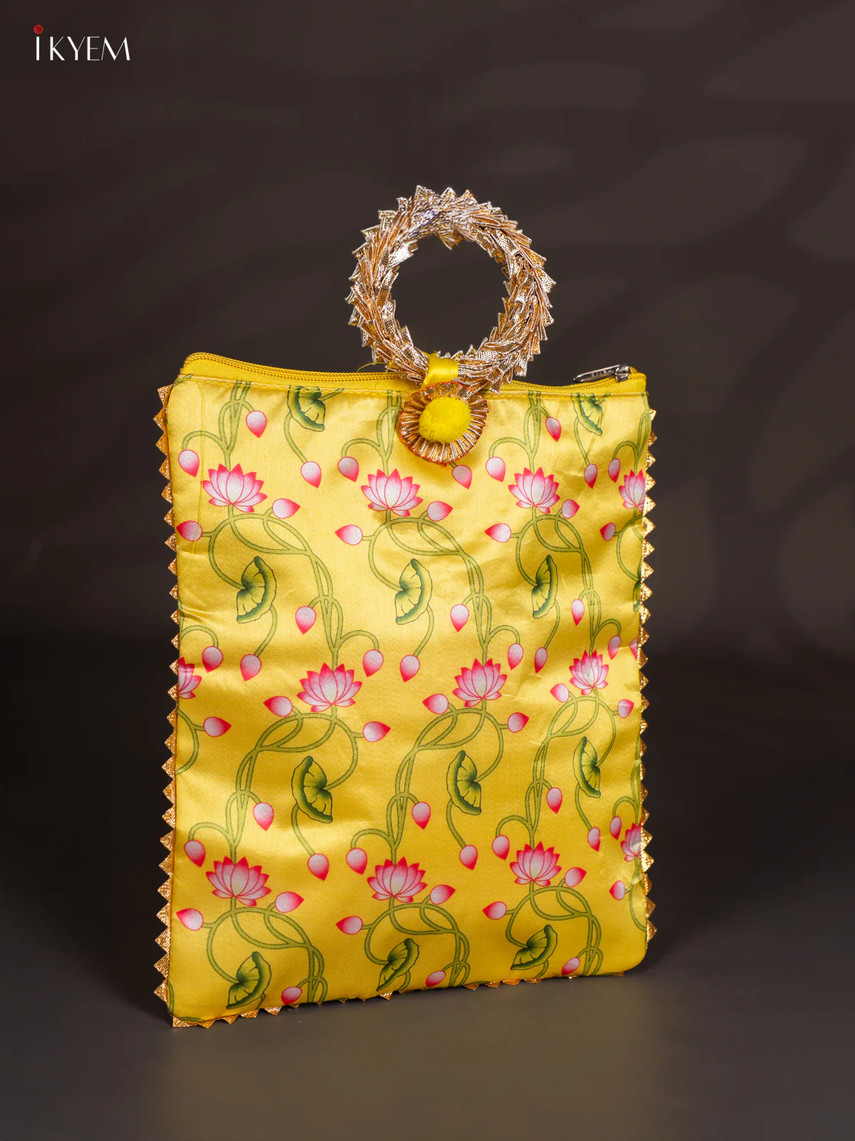 Lotus Printed Bag with Bangle Handle - Yellow - 11 Inch - KJ11121 - Image 2