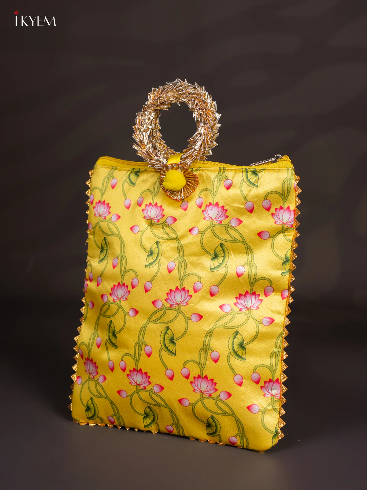 Lotus Printed Bag with Bangle Handle - Yellow - 11 Inch - KJ11121 - Image 3
