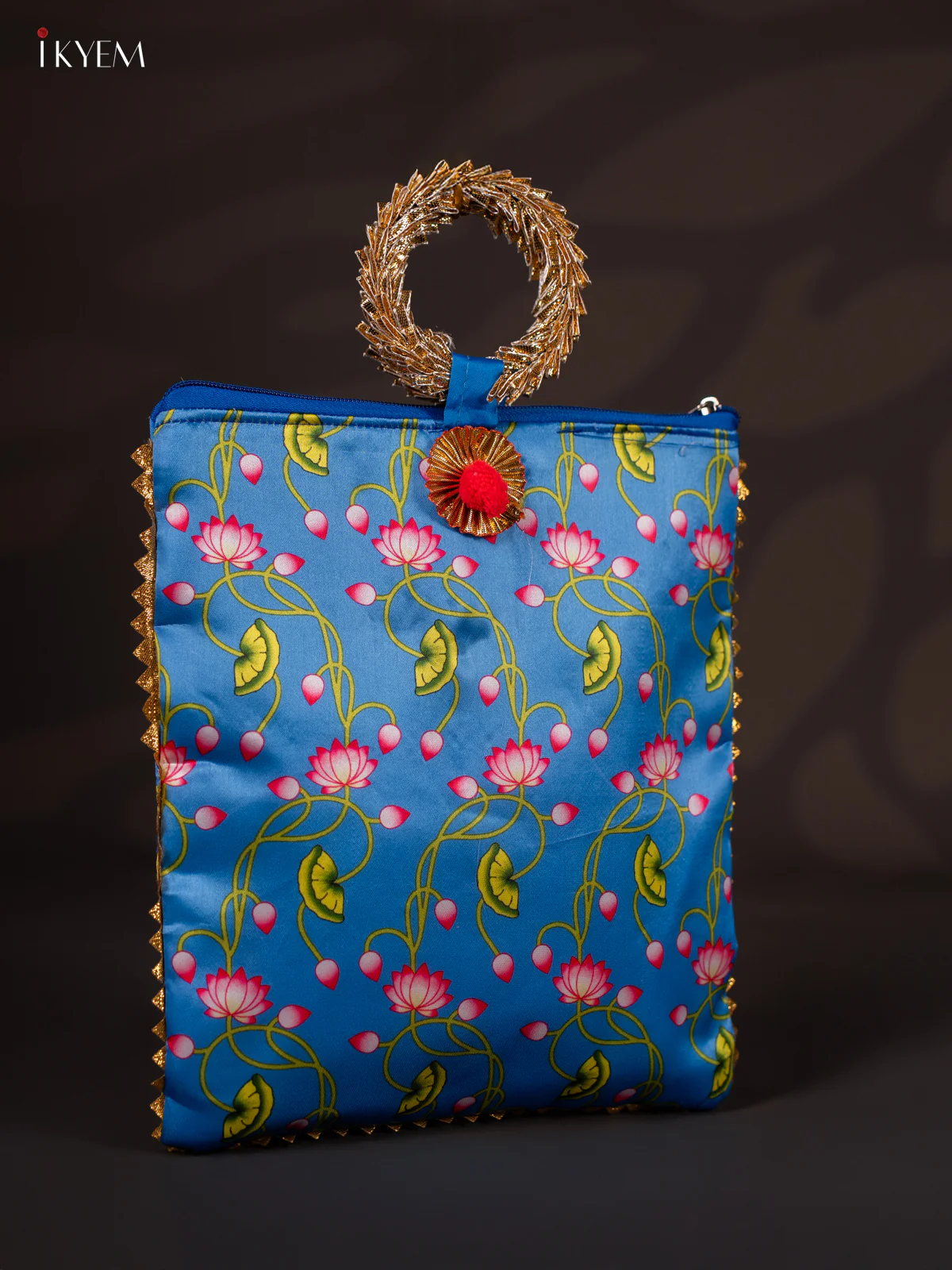 Lotus Printed Bag with Bangle Handle - Blue - 11 Inch - KJ11122 - Image 2
