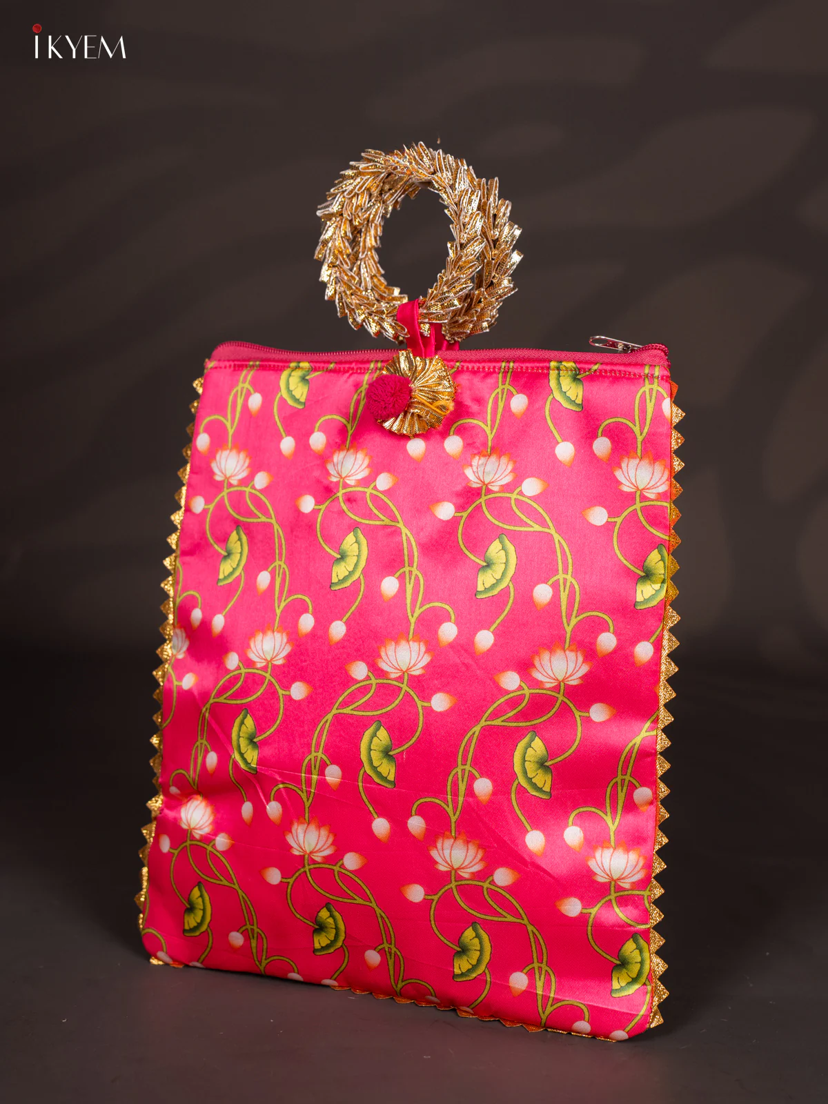 Lotus Printed Bag with Bangle Handle - Pink - 11 Inch - KJ11126 - Image 3