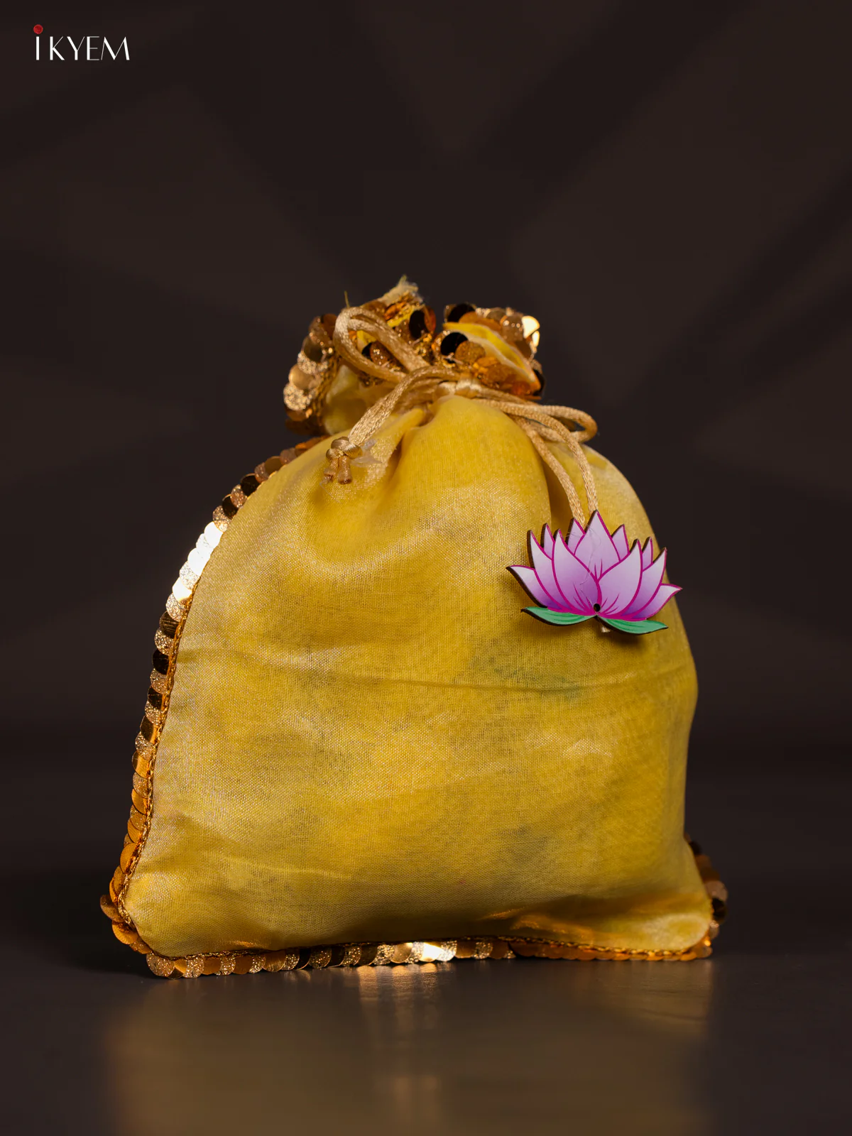 Organza Potli Bag with Lotus - Yellow - KJ11145 - Image 2