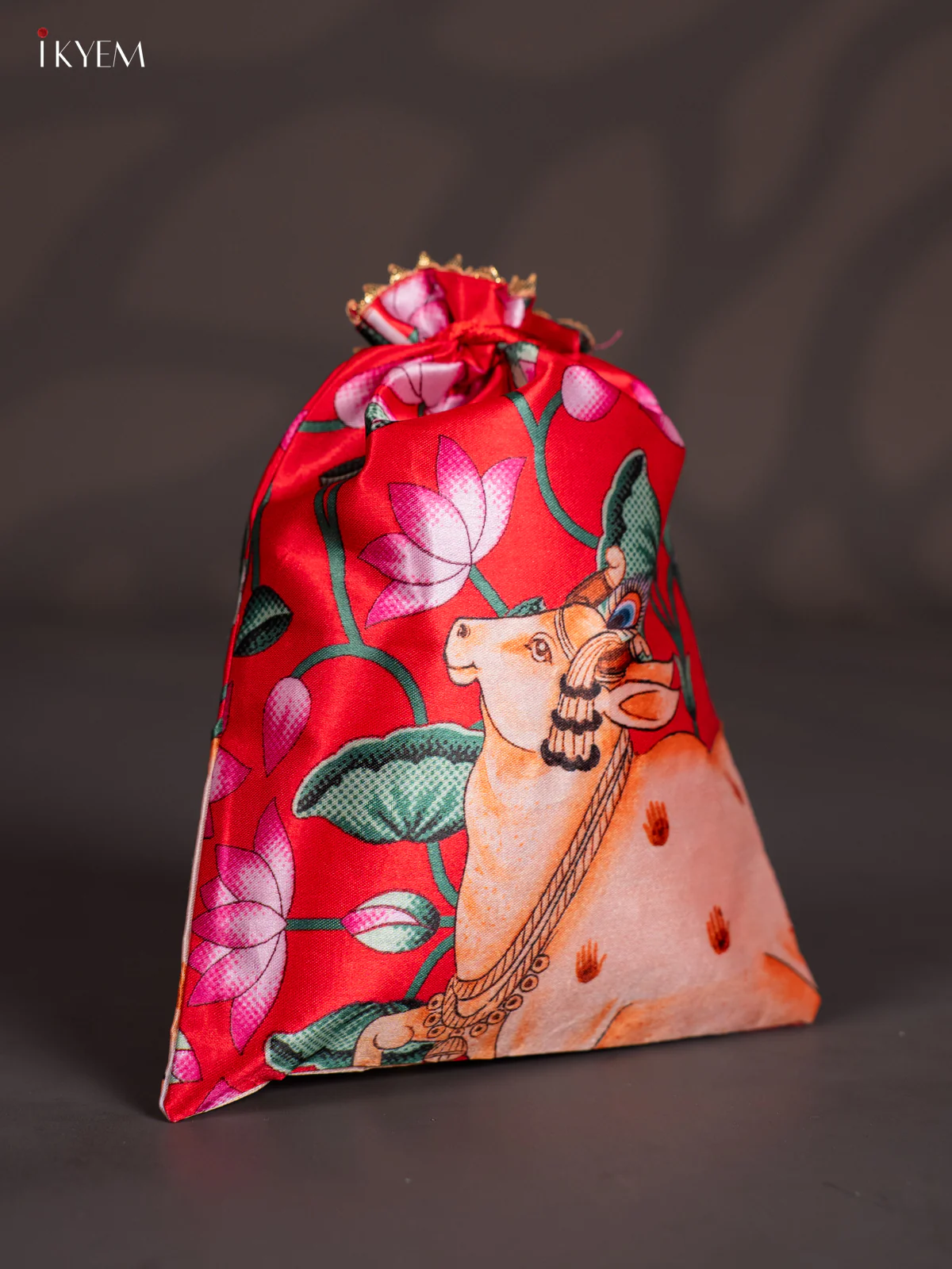 Cow &  Pink Lotus Potli Bag - Red - KJ11151 - Image 2
