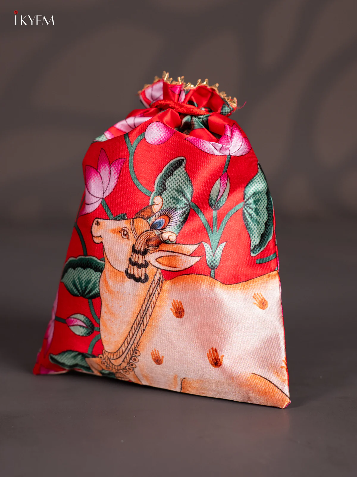Cow &  Pink Lotus Potli Bag - Red - KJ11151 - Image 3