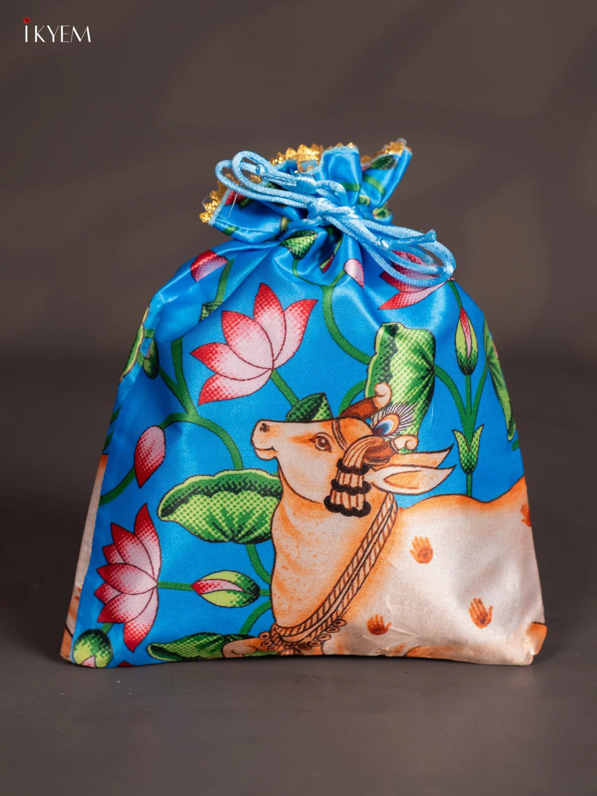 Cow & Lotus Potli Bag - Blue - KJ11154